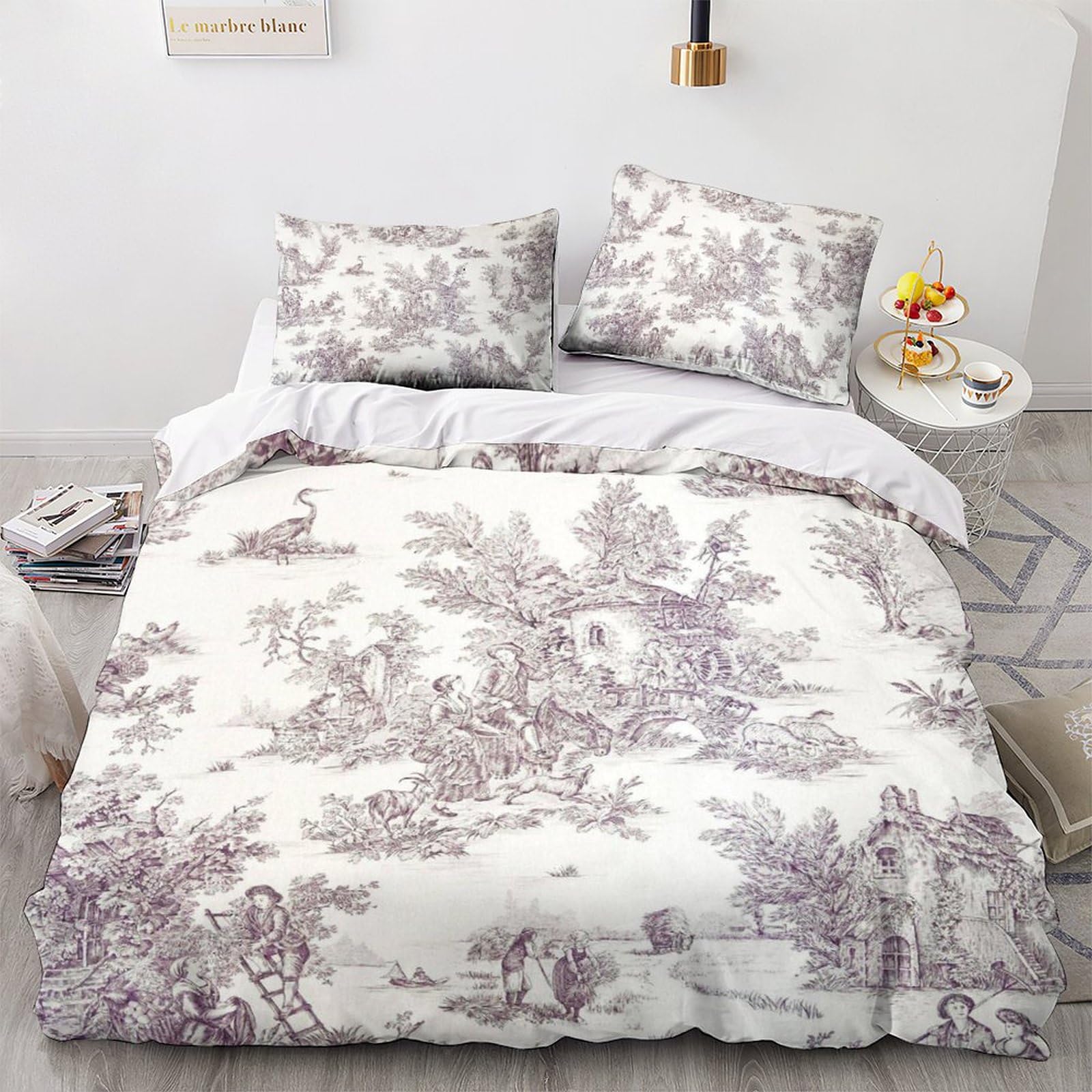 Lently Motif Of Toile De Jouy 3D Comforter Cover Set For Duvet & Bedspread With Pillow Shams - Microfiber Bed Cover Zipper 3 Piece Set - King (220X240cm)