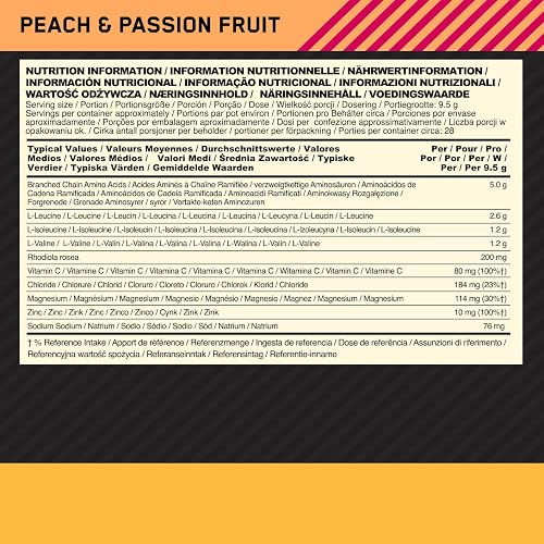 Optimum Nutrition Gold Standard BCAA Train + Sustain, Amino Acids Pre Workout Powder, Sports Drink with Vitamin C, Zinc, Magnesium and Electrolytes, Peach & Passionfruit Flavour, 28 Servings, 266 g - 7