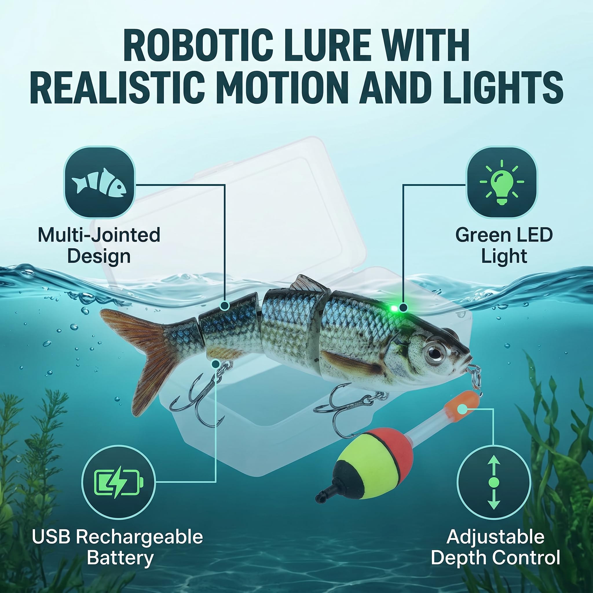 Esca da Nuoto Robotica, Esca da Nuoto Robotica Esca da Pesca Elettrica Ricaricabile Multi Snodo con Luce LED Verde Accessori Per Prestazioni