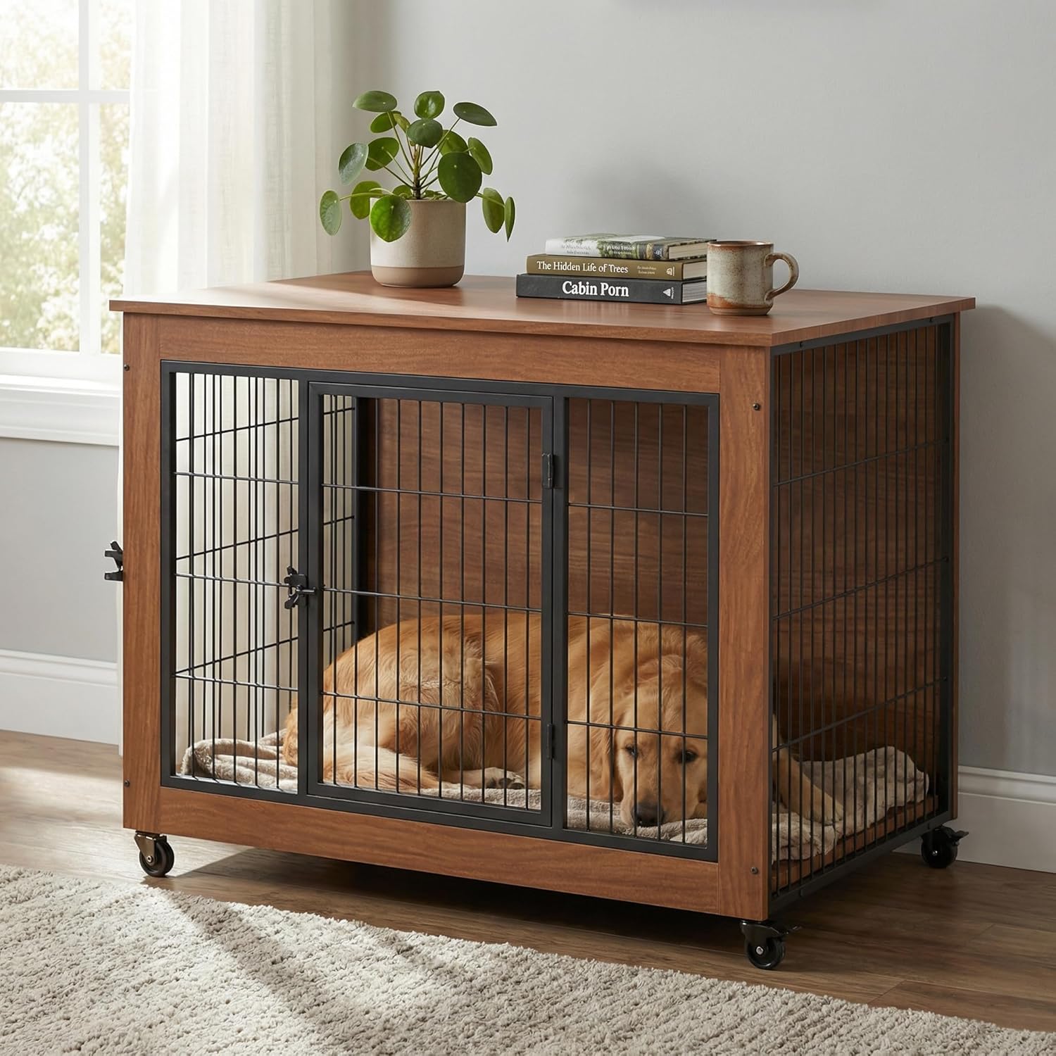 38.6'' Dog Crate Furniture with Movable Lockable Wheels & Ventilation Design, Dog Kennel with Side Table Top & Secure Slide-Locks for Small Medium Dogs Indoor, Brown
