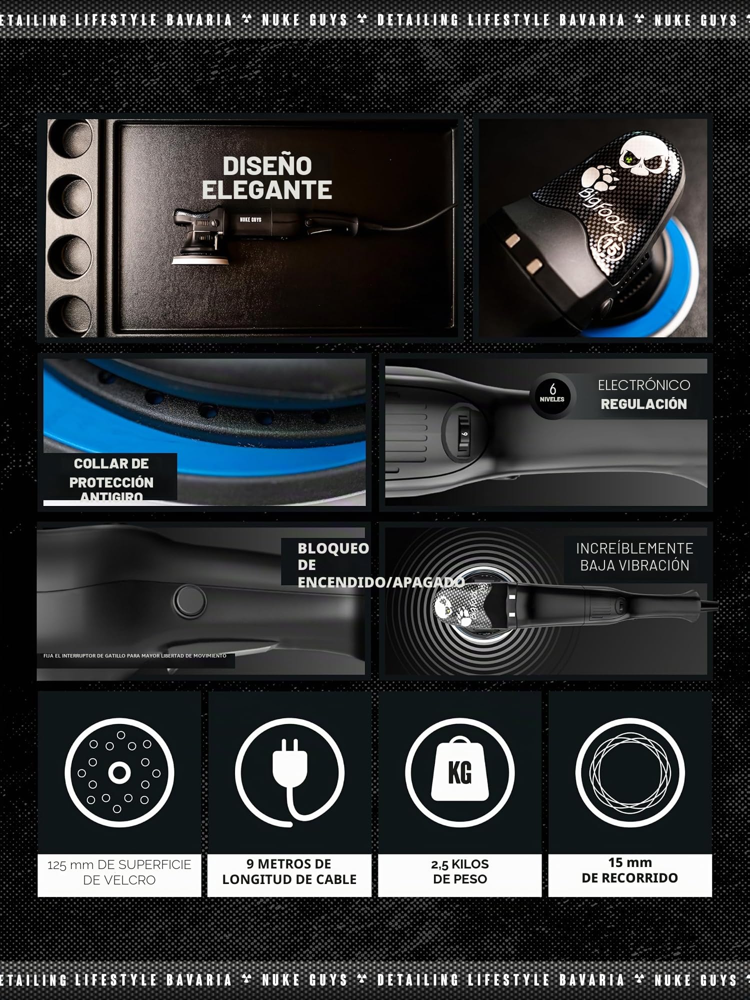 Rupes Bigfoot LHR15ES Pulidora Excéntrica | Hub de 15 mm - Placa de Soporte de 125 mm - 500 W | Control de Velocidad - Vibración Mínima | Adecuado para Principiantes y Profesionales