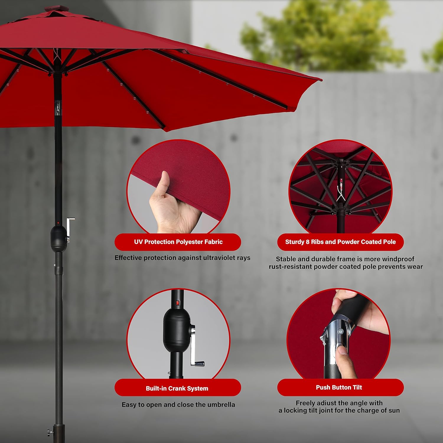 Simple Deluxe 9' Solar Umbrella 32 LED Lighted Patio Umbrella Table Market Umbrella with Push Button Tilt/Crank Outdoor Umbrella for Garden, Deck, Backyard and Pool