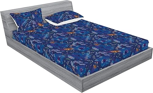 Miniatura 2 de Ambesonne Floral Fitted Sheet & Pillow Sham Set, Retro Wave Inspired Flower Motif with Space Inspired Effects Print, Decorative Printed 3 Piece