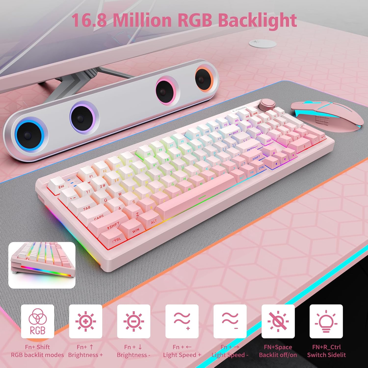 E-YOOSO Z-101 keyboard displaying various RGB backlight effects and listing key combinations for adjusting modes, brightness, and speed.