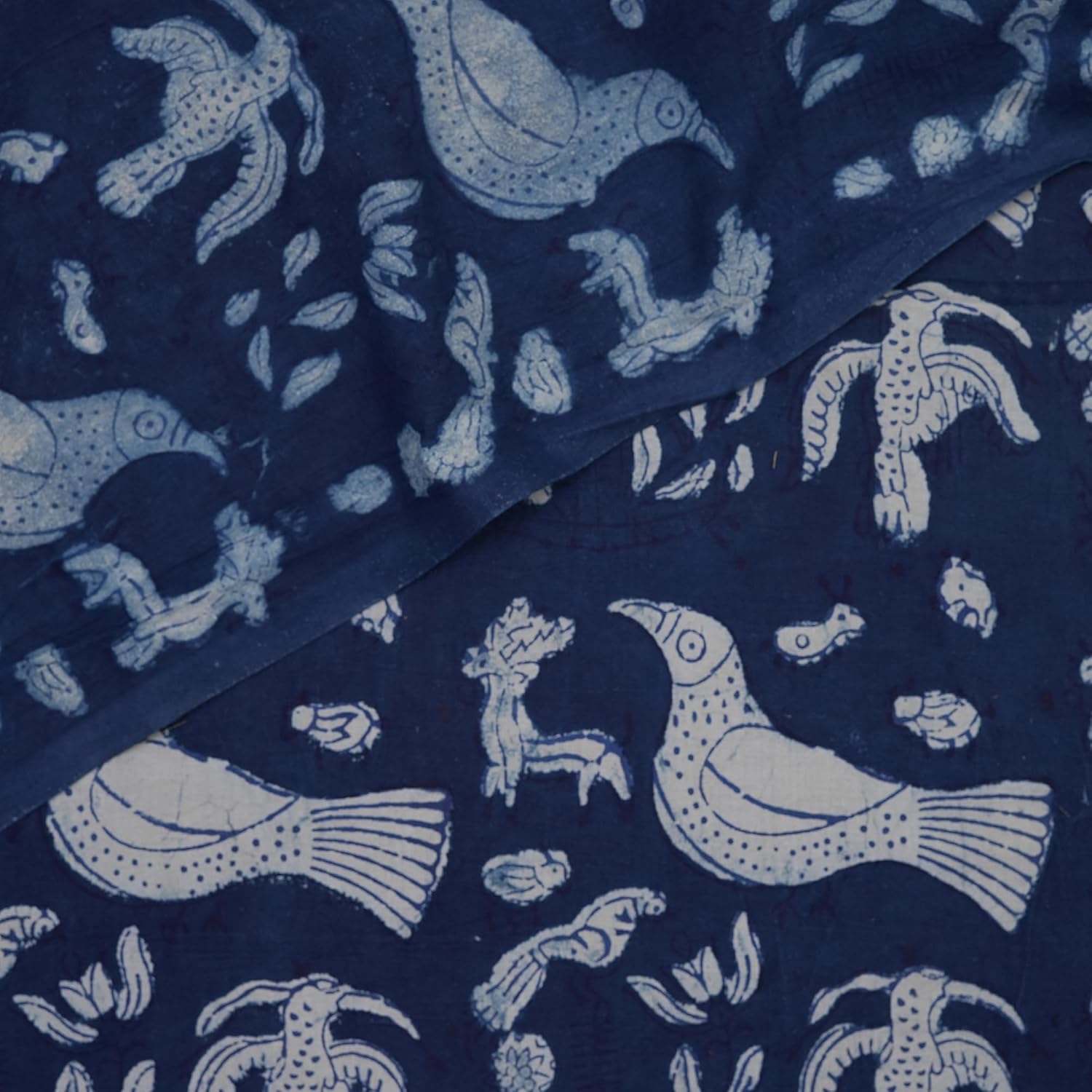 Indigo Blue Hand Block Printed Cotton Fabric 5 Yards – Traditional Bird & Floral Design – Soft, Natural Dyed Textile for Sewing, Quilting, Home Decor & Crafts