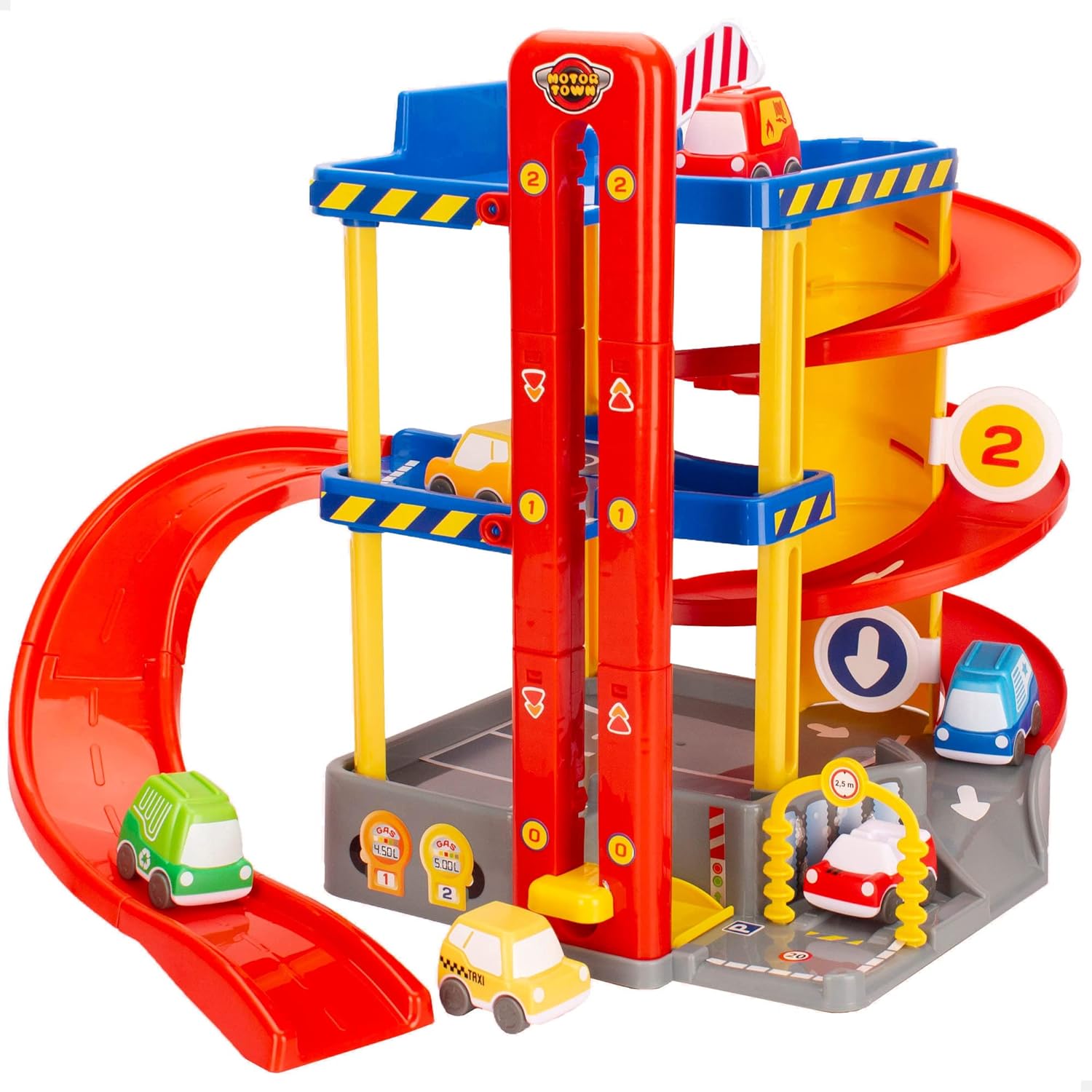 Motor Town 49965 - Parking de coches de juguetes 3 niveles y doble rampa / Incluye 2 coches y 2 rampas de lanzamiento / Pista de coches, garage infantil, juguetes para niños