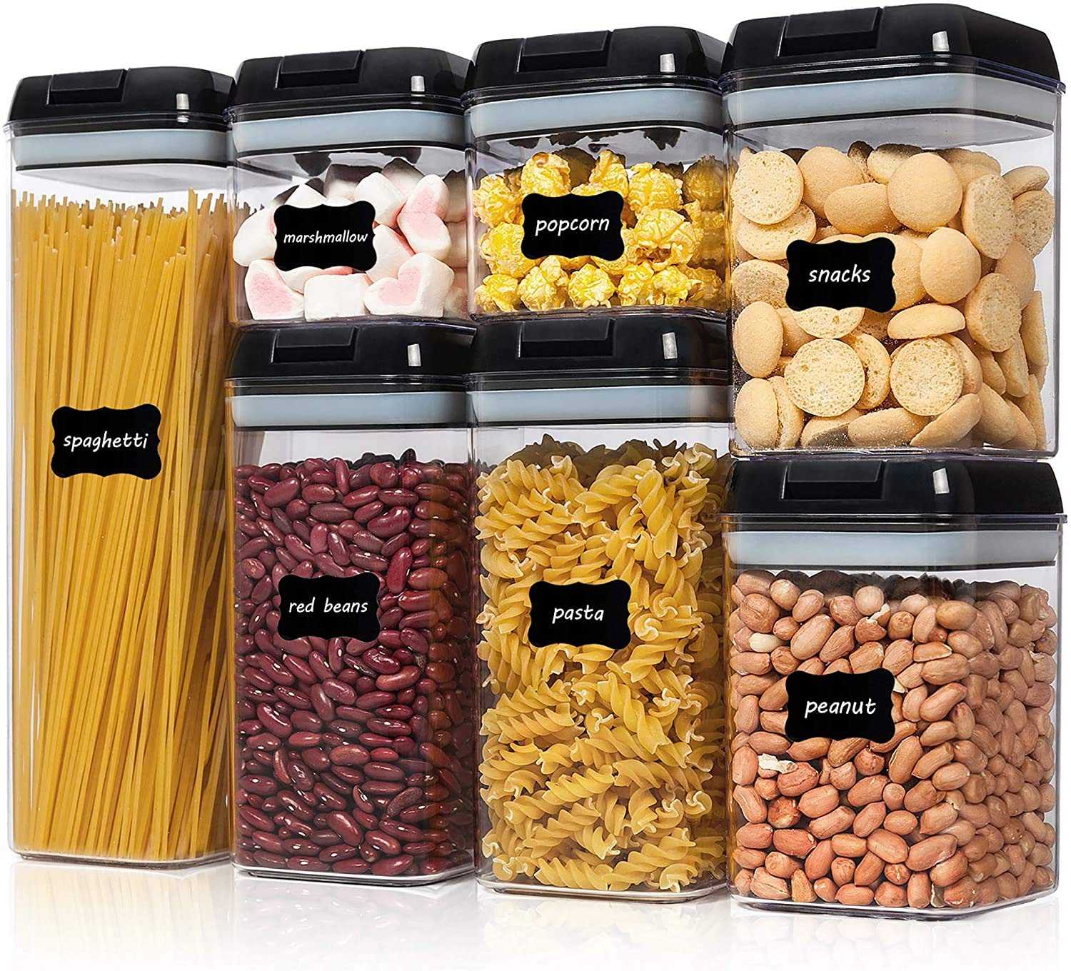 Pantry Organization And Storage Containers– 7 PC Storage Bins With Airtight Lids– Kitchen Organizers for Cereal, Sugar, Tea or Any Food– BPA-Free Clear Plastic– Free 24 Chalkboard Labels