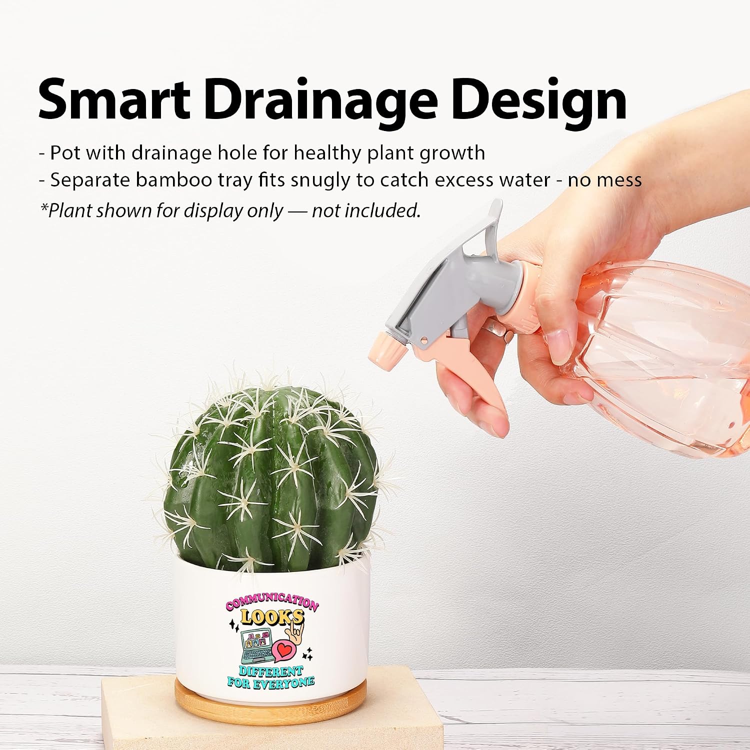 Communication Looks Different For Everyone Speech Therapy Gifts Therapist Speech Language Pathologists SLP Ceramic Succulent Plant Pot with Bamboo Tray Round Home Decor 3.5 Inch White (No Plants) image 5