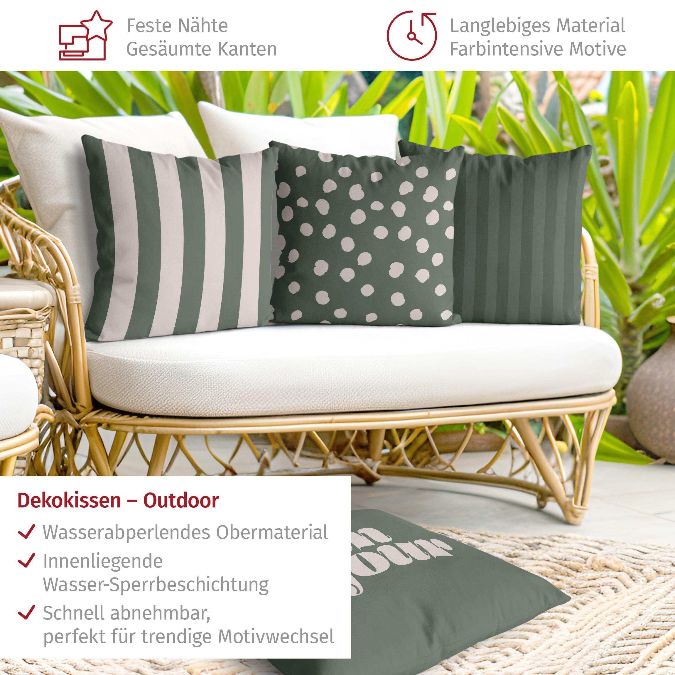 Dekokissen 4-teilig draußen/Outdoor waschbar Sprüche mit Füllung Zierkissen - Made in Germany - Punkte Bezug grün Sofakissen Abstrakt Outdoor Sofa Bett 1066