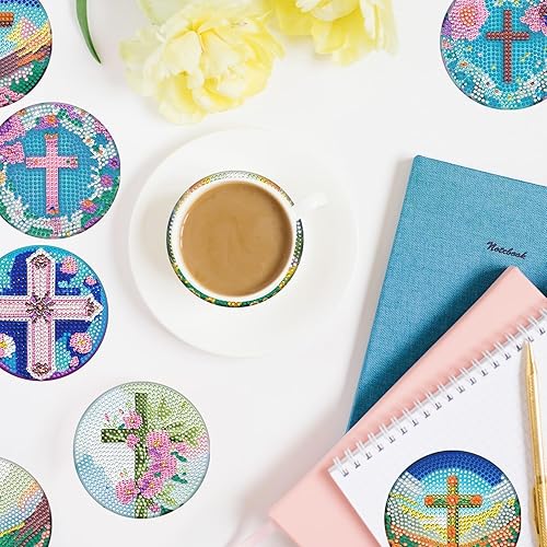 Miniatura 4 de 8 posavasos de pintura de diamantes con soporte para bricolaje, cruces de diamante, posavasos de arte de diamante 5D, posavasos de diamante de