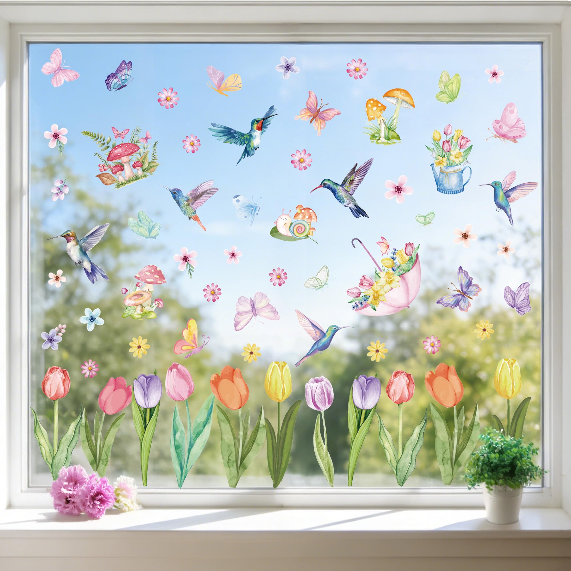 Joeyan Spring Window Stickers - Tulips Hummingbird Butterfly Flower Clings, Double Sided Stained Glass Design Floral Decals for Window Decor, 8 Sheets 83 PCS Spring Home Party Birthday Decor Supplies