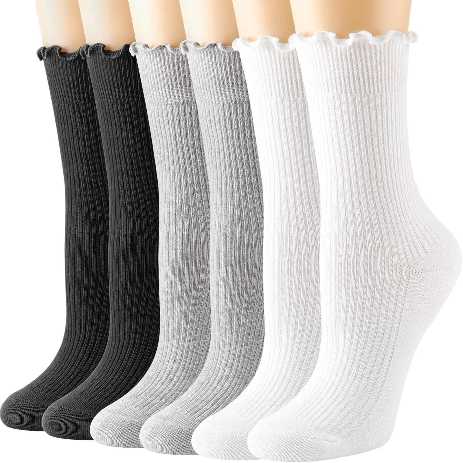 DRESHOW Womens Ruffle Socks Cotton Turn-Cuff Casual Ankle Socks Breathable Lettuce Crew Knit Frilly Sock 6 Pack