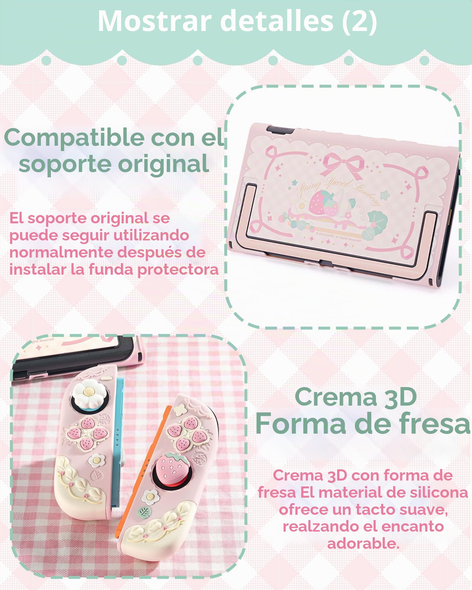GeekShare Funda protectora de silicona suave compatible con Switch 2, antiarañazos, compatible con Switch 2, carcasa protectora separable con 2 tapas de agarre para el pulgar, fresas con crema (rosa)