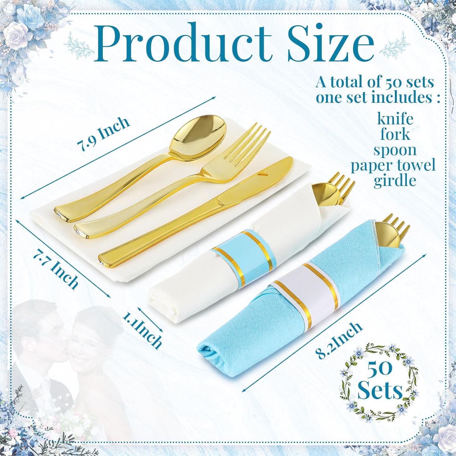 Lasnten 50 Pack/200 Pcs Pre Rolled Gold Plastic Silverware Set Disposable Wrapped Plastic Cutlery Set Include Blue and White Napkins Knives Spoons and Forks for Wedding Baby Shower Birthday Party