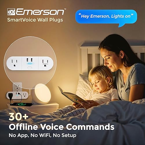 Miniatura 2 de Emerson SmartVoice - Enchufe de pared dual 4 en 1, sin conexión, más de 30 comandos de control de voz, sin aplicación, sin WiFi, sin configuración,