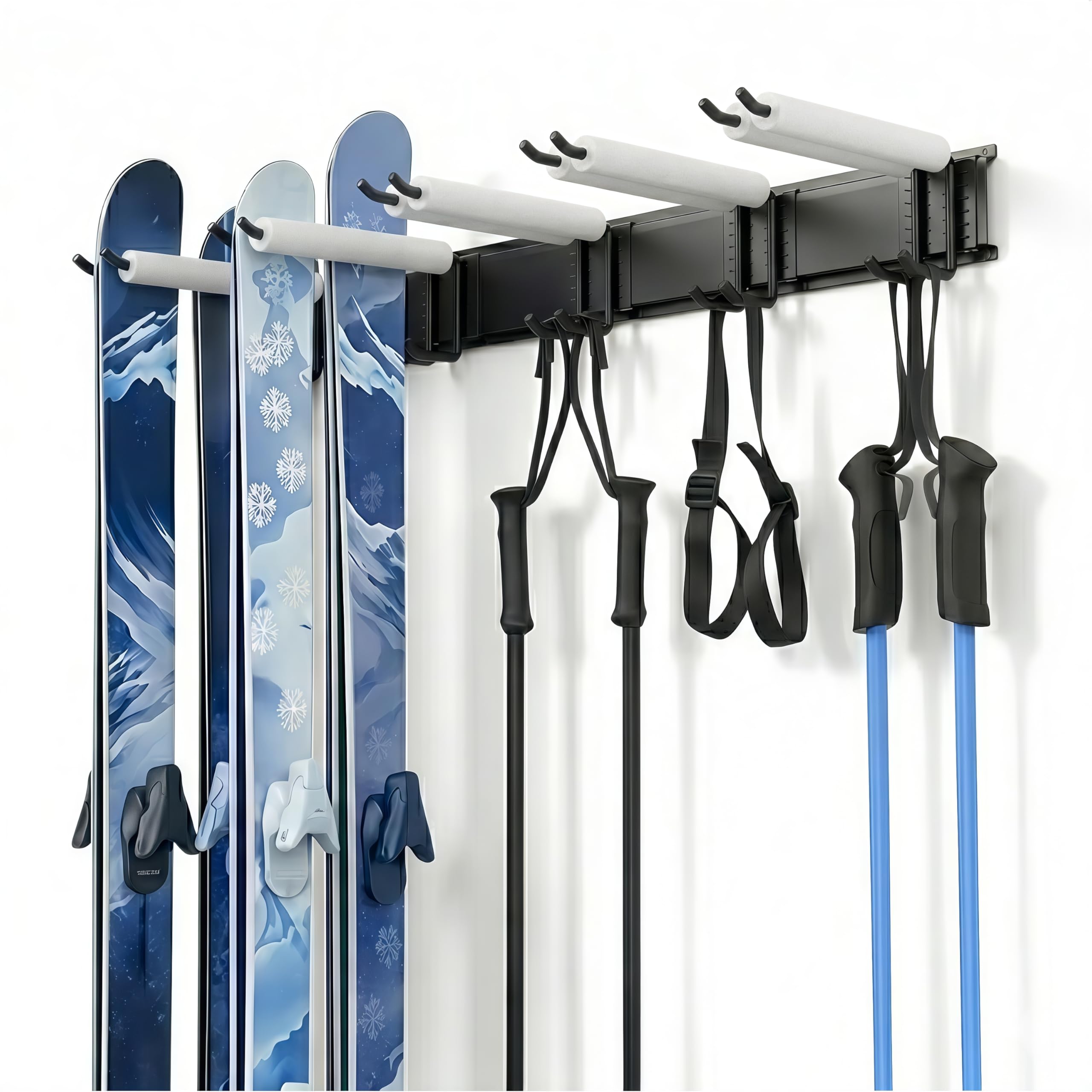 Estante de almacenamiento de pared para esquís, soporte de esquí, capacidad para 10 pares, soporte de pared para monopatín, soporte de esquís de acero para el hogar y el garaje