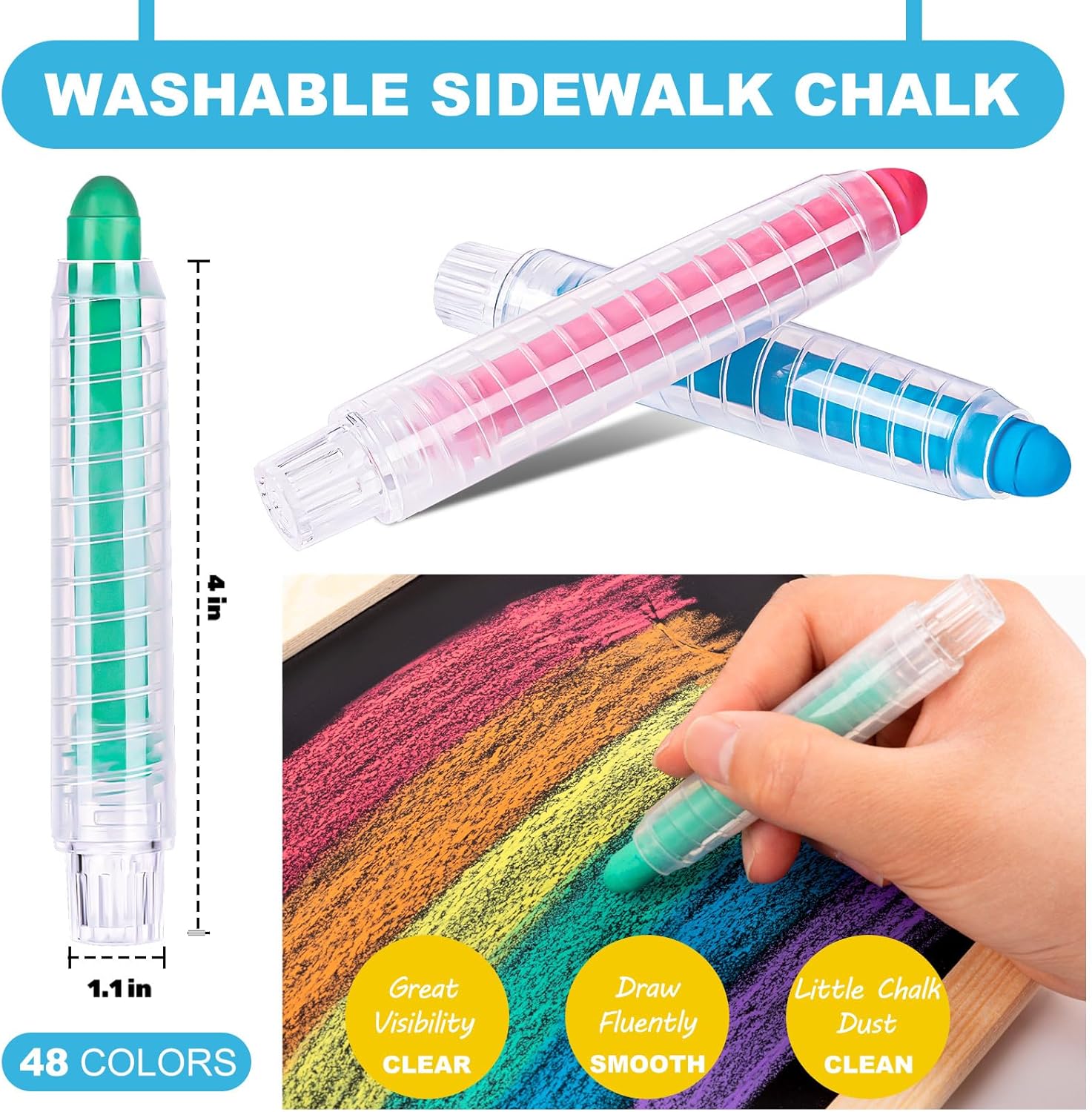 Sidewalk Chalk for Kids, 48 Colors Dustless Washable Toddlers Chalk with Plastics Holder for Blackboard Drawing Writing Toys Gift Party Favors