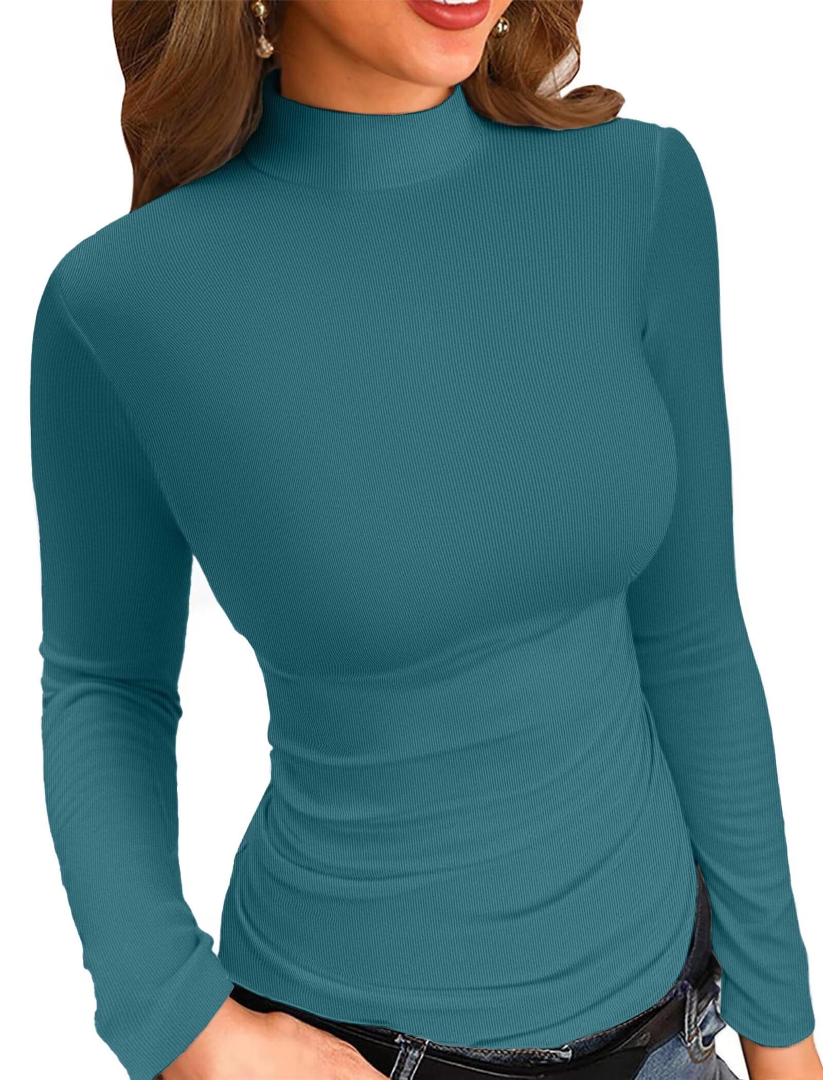 VICHYIE Womens Mock Neck Ribbed Long Sleeve Shirts Fall Slim Fitted Tops New Upgraded Medium Teal