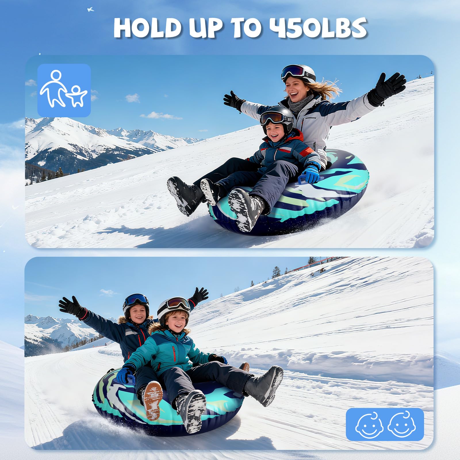 Tube à neige avec corde de remorquage remorquable, luge gonflable très résistante de 119,4 cm pour enfants et adultes de qualité supérieure résistante à l'abrasion avec fond épais pour l'hiver