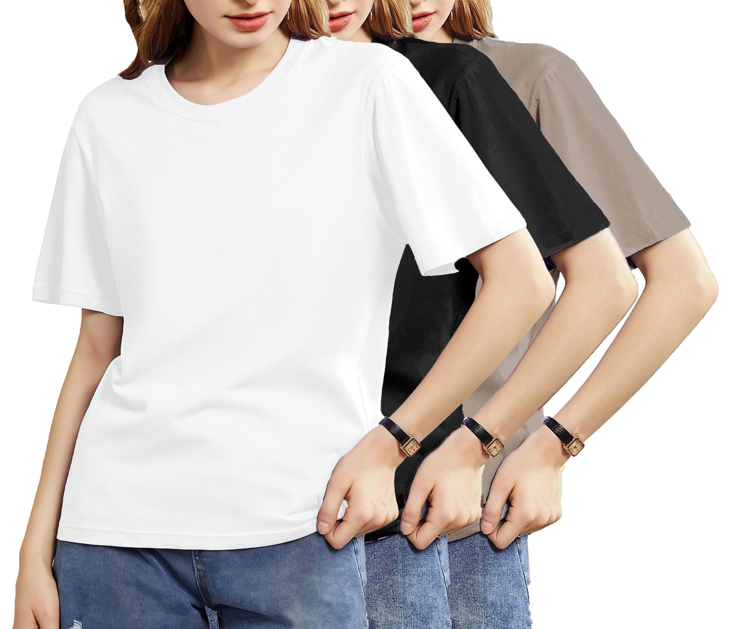 Mettclasi Women's Lightweight 100% Cotton Short-Sleeve T-Shirt, 1 Or 3 Pack, Classic Loose-Fit Crewneck Solid Tee Shirt