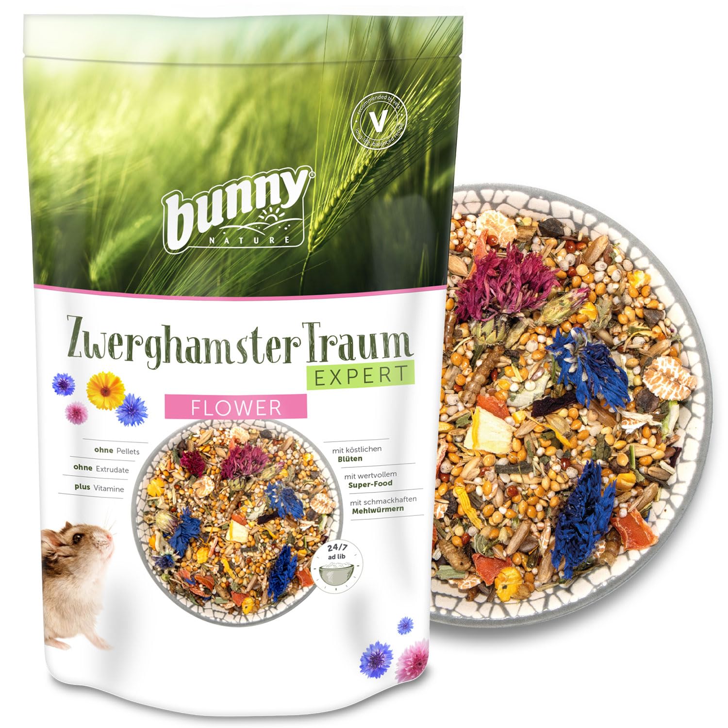 DwarfhamsterDream Expert Flower – Natural Superfood Dish with Special Mixture of Flowers, Grains, Vegetables & Mealworms – Balanced Nutrition with No Quantity Restriction – 1.1 lbs