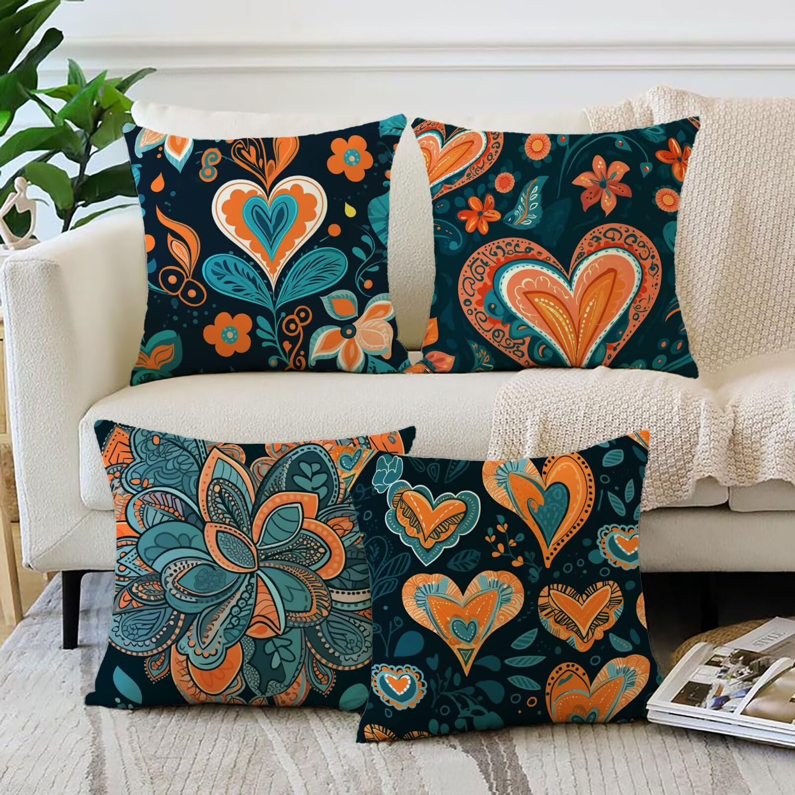 Primavera Fundas de Cojines 60x60cm Juego de 4, Azul Funda Cojines Cama Decorativos para Sofa Exterior Impermeable Lino Almohada Decorativa para Silla Cama Sala de Estar Hogar Juego Dormitorio 18-6