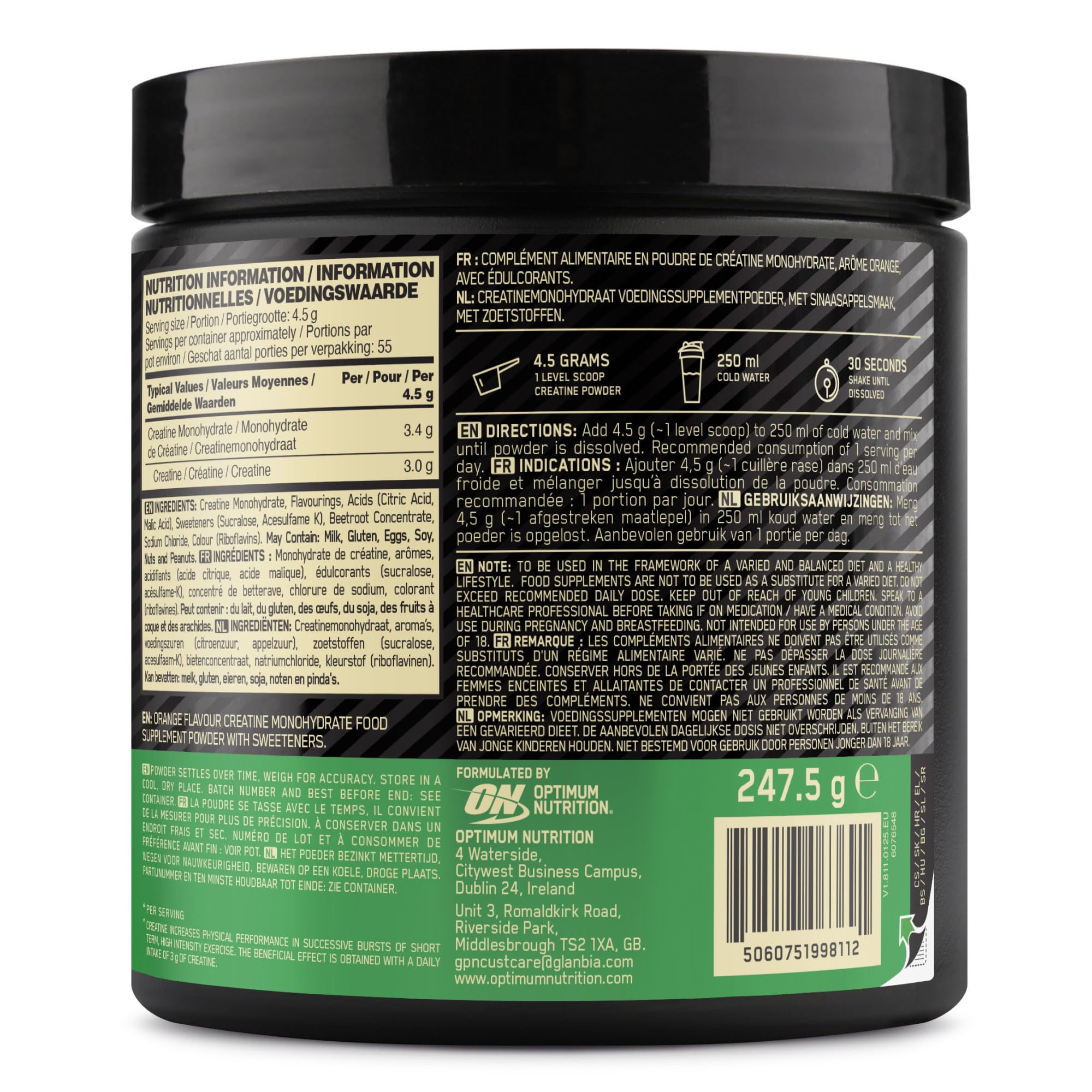 Optimum Nutrition Creatina Micronizzata in Polvere, Gusto Arancia, 247.5g, 55 Porzioni