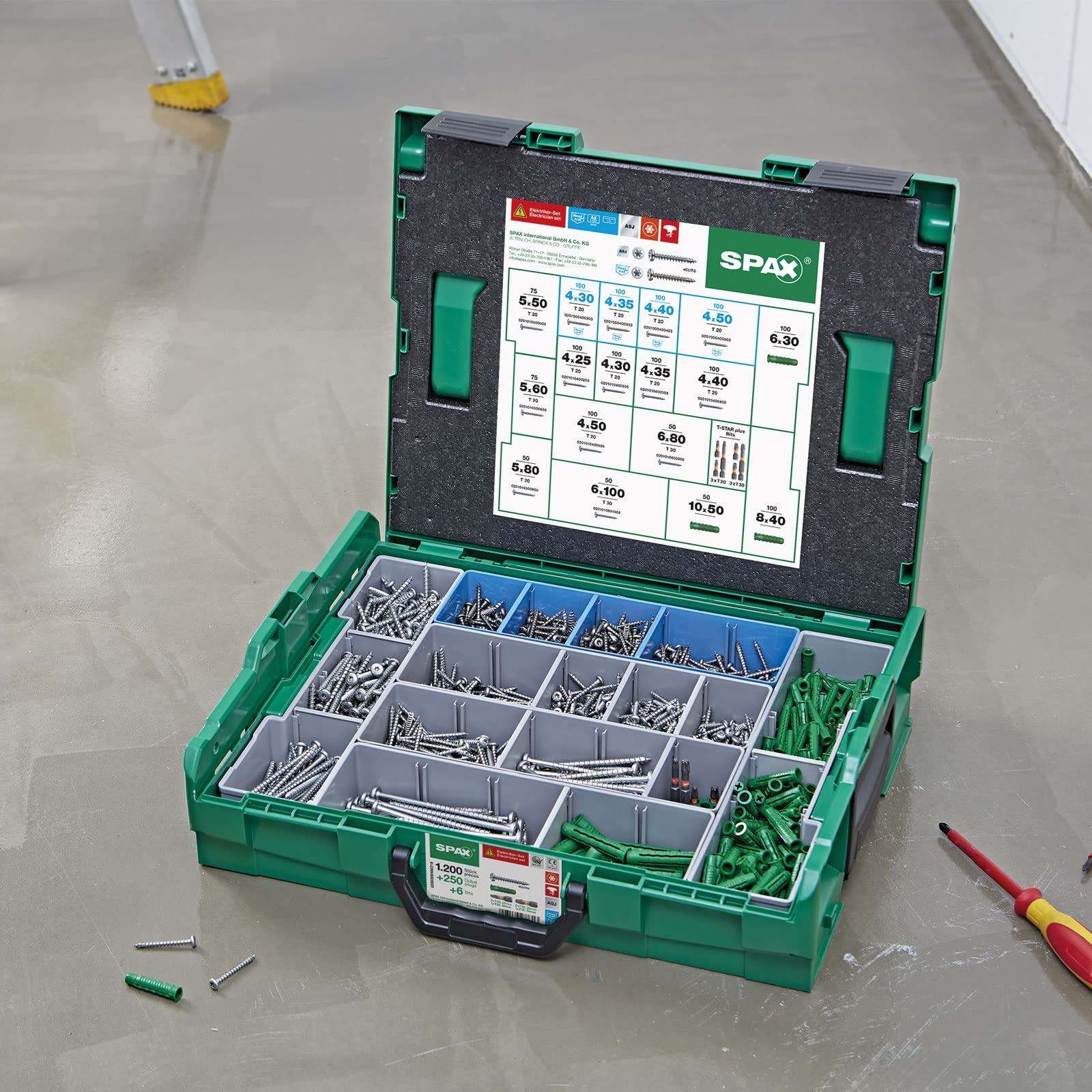 SPAX Maletín de montaje L-BOXX grande, juego de electricista con 1200 tornillos de cabeza semirredonda en 14 tamaños, 250 tacos a juego y 6 puntas T-STAR plus