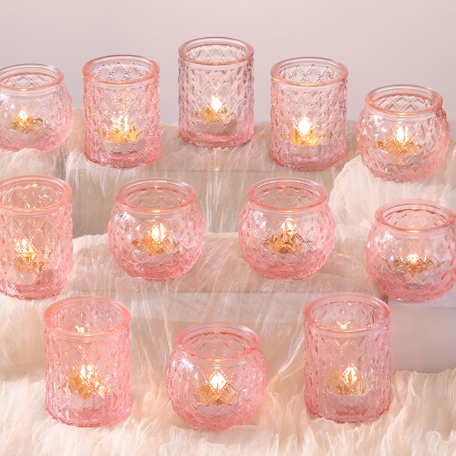 DARJEN 12Pcs Pink Votive Candle Holders- Glass Candle Holders Bulk for Flameless Tea Waxes, Romantic Candle Holder for Wedding & Parties, Home Table Decor
