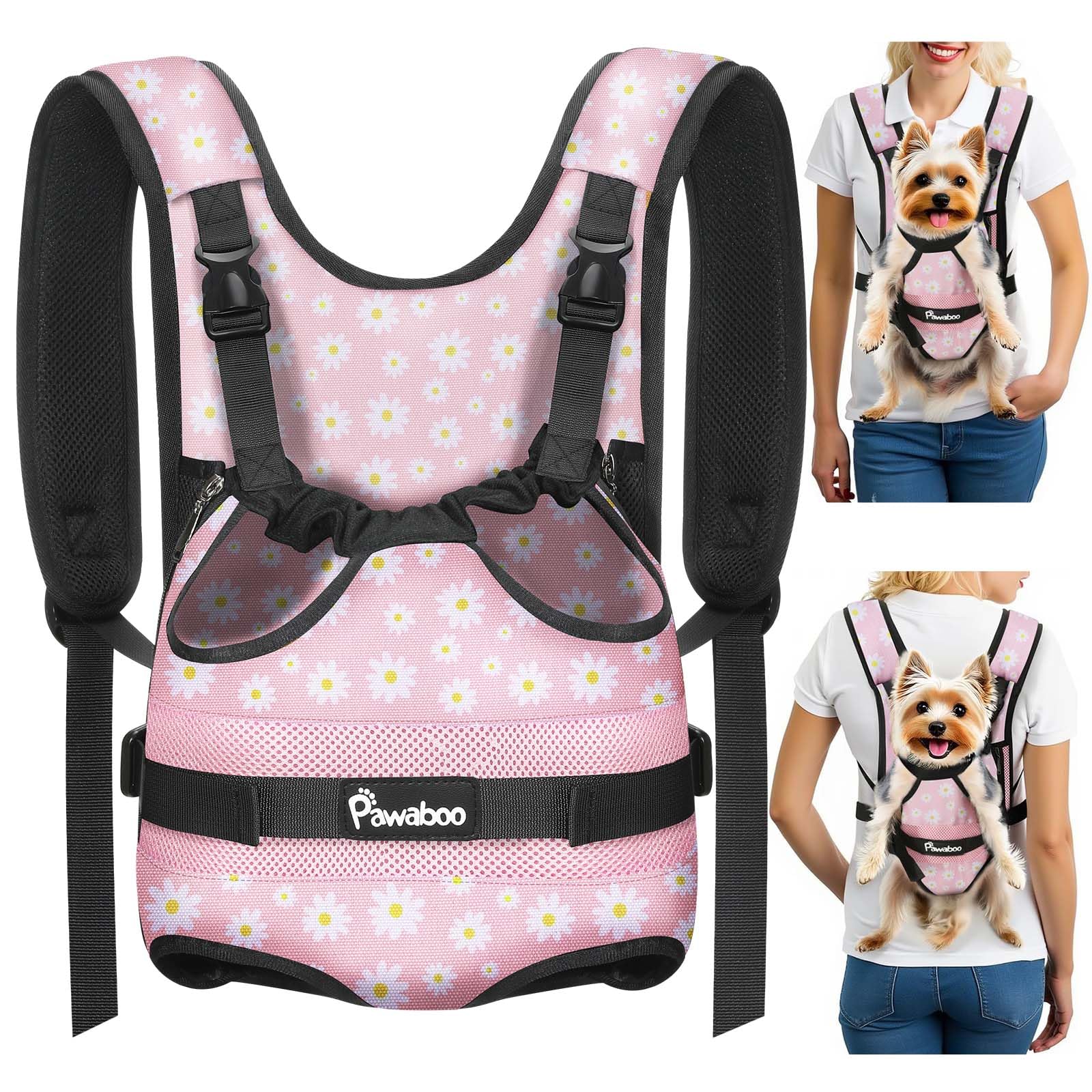 Pawaboo Zaino Frontale per Cani, Trasportino per Cani con Zampe Fuori, Pettorina Regolabile Facile da Indossare per Canis di Taglia Piccola e Media, Mani Libere per Viaggi, S, Margherita Rosa