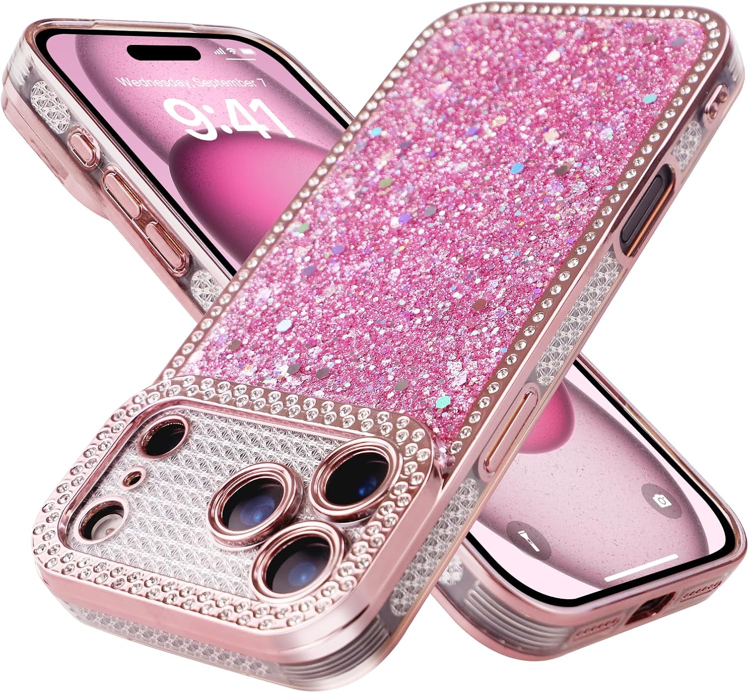 Luxury Shiny Bling Sparkly for iPhone 17Pro/Max Case,Crystal Diamonds Rhinestone Phone Cover with Electroplated Case for Women Girls Soft TPU Slim Shockproof Protective (Pink, iPhone17 Pro Max) Pink iPhone17 Pro Max