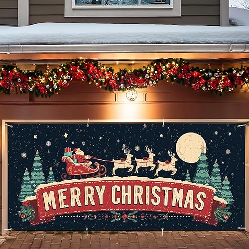 ANNA QUEEN Cartel de Navidad para puerta de garaje de 6 x 13 pies, trineo retro de Papá Noel y letrero de Feliz Navidad, gran decoración de garaje