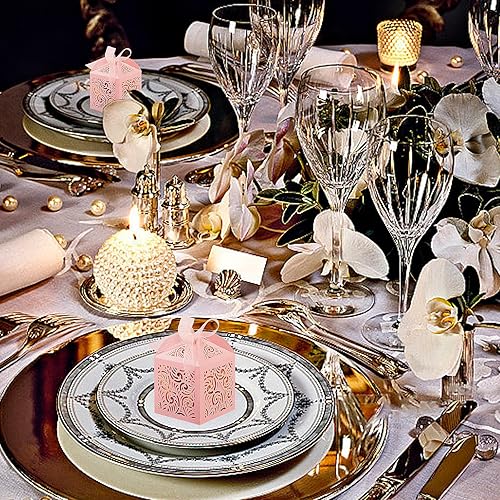 Vista 2 de COTOPHER 100Pcs Laser Cut Favor Boxes, 2x2x2.75in Small Gift Boxes for Presents, Party Wedding Favors Boxes with Ribbon, Mini Candy Boxes for Event