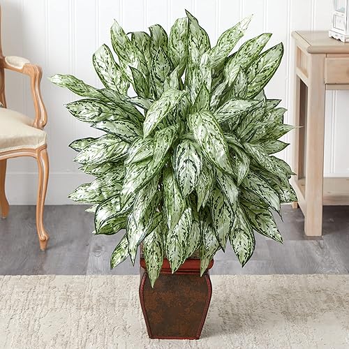 Miniatura 2 de Nearly Natural Silver Queen con maceta decorativa de seda