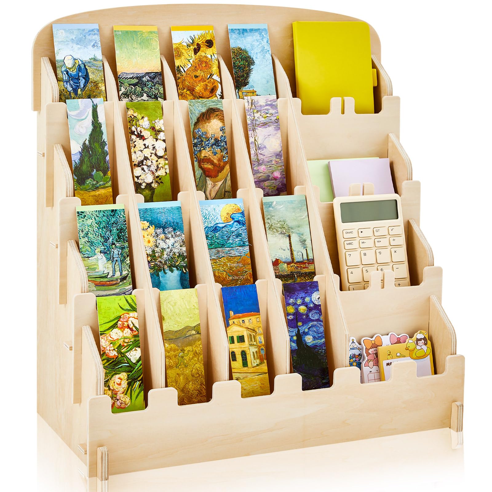 Yuntau Bookmark Display for 2.2'' Bookmark, Portable Sticker Holder, Adjustable Stand, Curved Pockets Greeting Card Display for Business Vendor, Retail Store Shop (24 Pockets,Wood)
