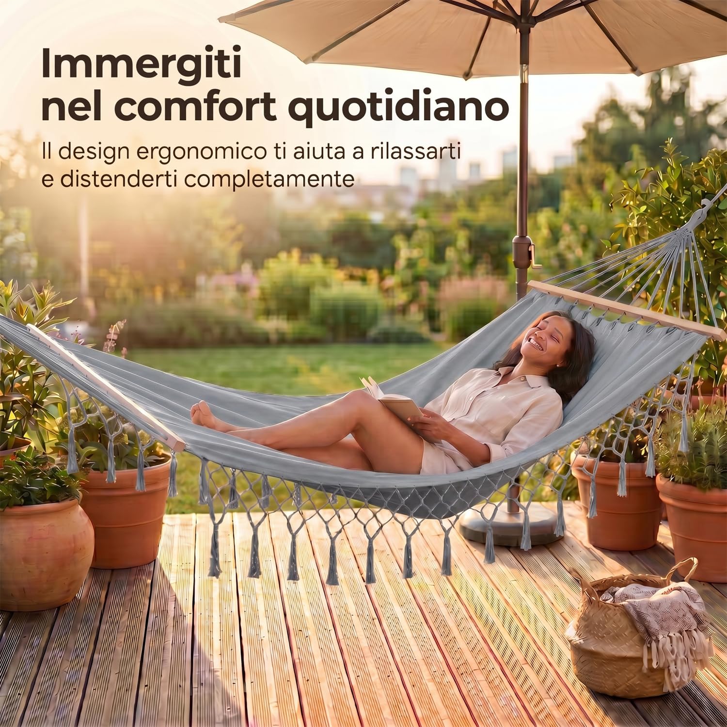 Marvin Amaca da Giardino Indonesia, Letto Dondolo da Esterno Campeggio, Barre di Legno, in Cotone Tessuto Resistente (GRIGIO 200x150)