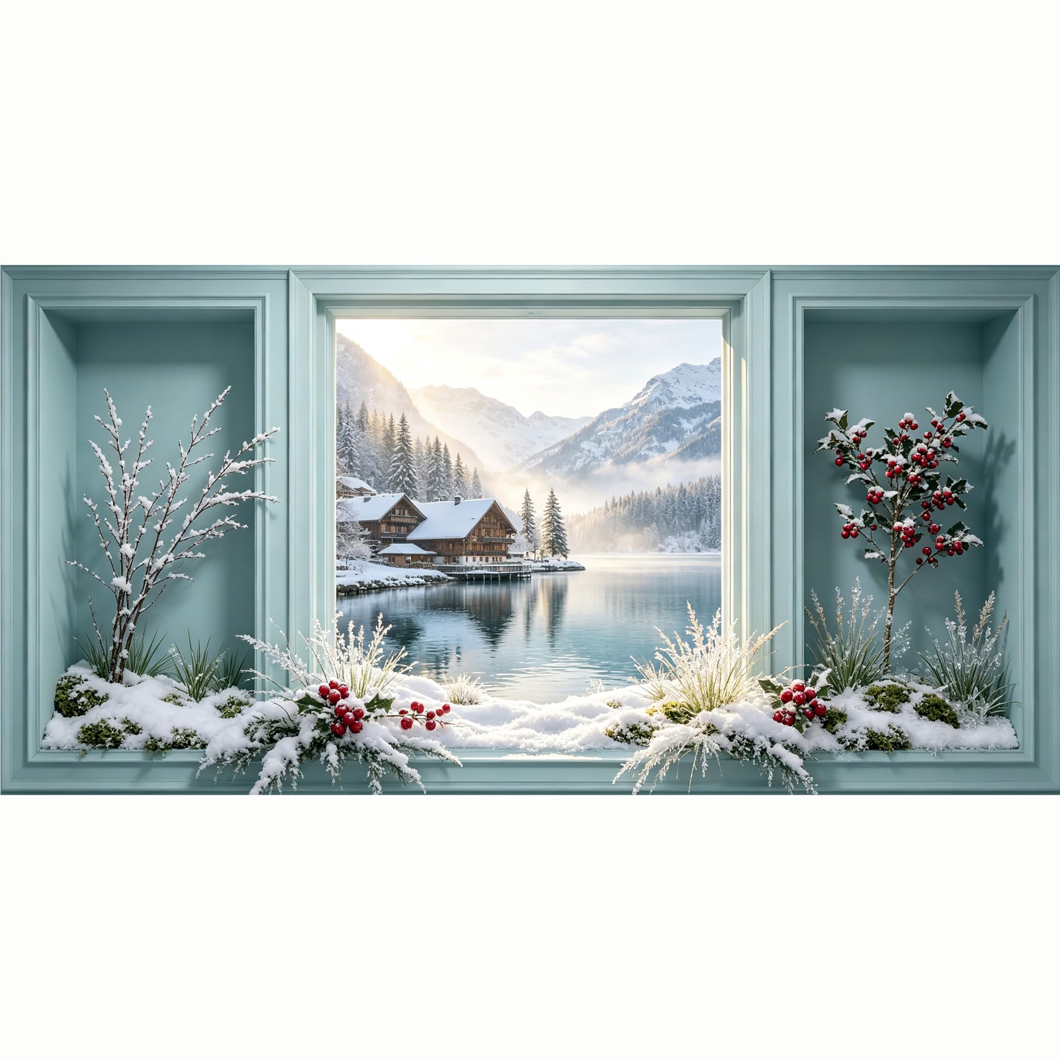QZLITHOTIC 50x100cm 3D Framed Wall Art， Snowy Alpine Lake Mountain Cabin SelfAdhesive Mural， WaterActivated Peel & Stick Fabric Decor Wall Decal for Bedroom Living Room