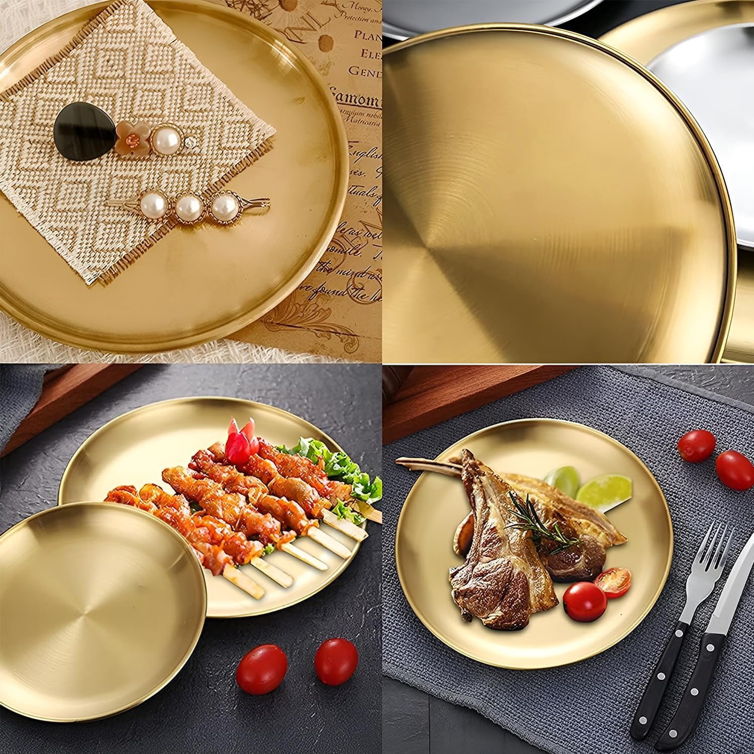 Rundes Deko Tablett 30cm, 2er-Set – Tablett Rund aus Edelstahl, goldfarben Serviertablett für Küche, Restaurant, Camping, Bankett, Party – als Obstschale, Kuchenplatte & Dekoteller