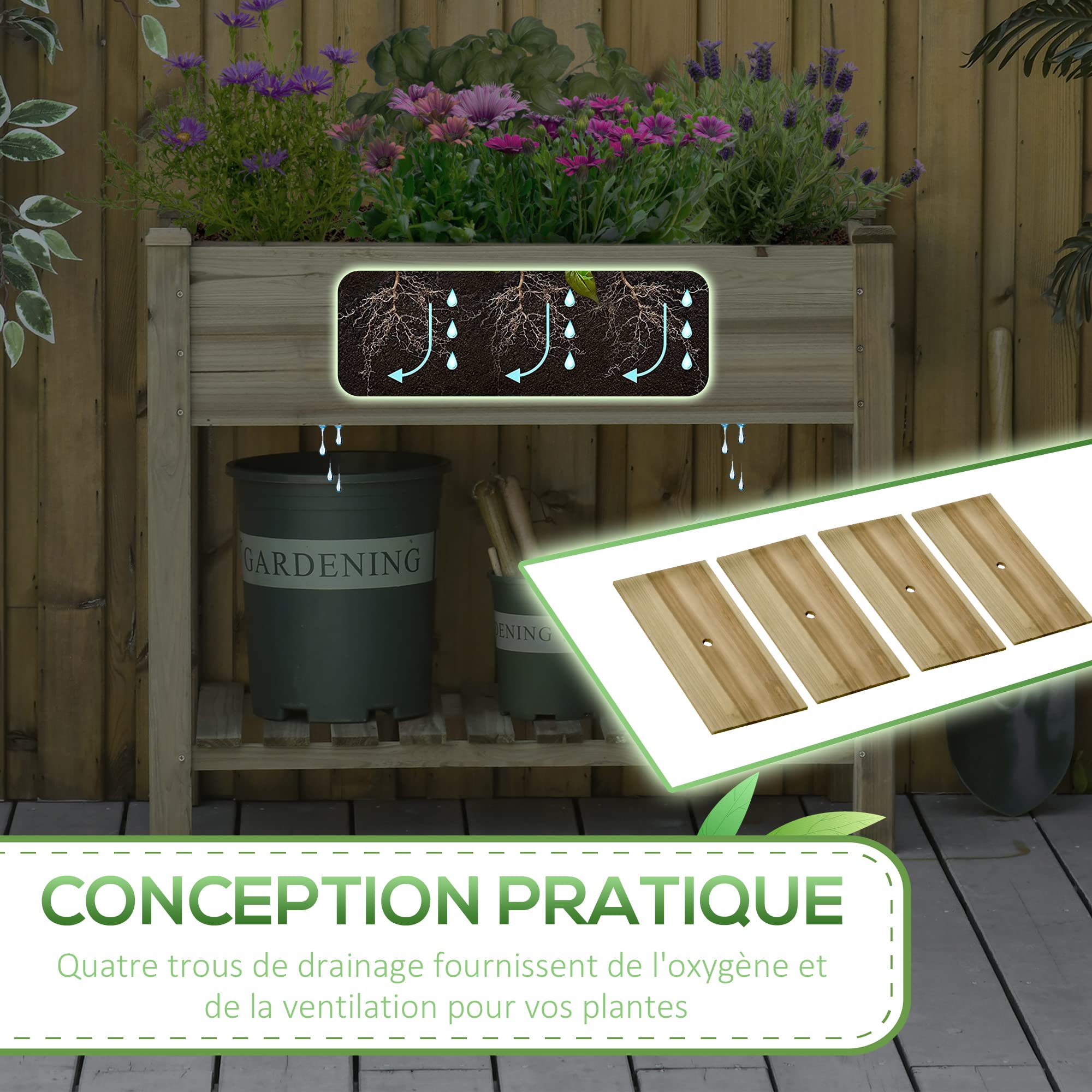 Outsunny Jardinière surélevée avec Étagère de Rangement en Bois, Carré Potager sur Pied surélevé, Trous de Drainage, pour Plantes, Fleurs, Légumes, 91 x 51 x 76 cm, Vert