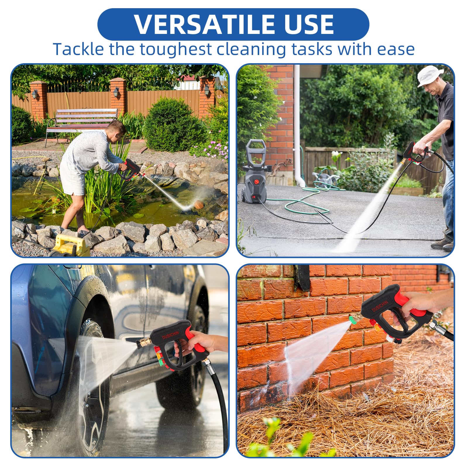 DUSICHIN Pistola de pulverización de varita corta de alta potencia, 5 boquillas para lavado de coche, pistola de espuma, accesorio de cañón de espuma de 1/4 pulgadas, salida de conector rápido, 3/8