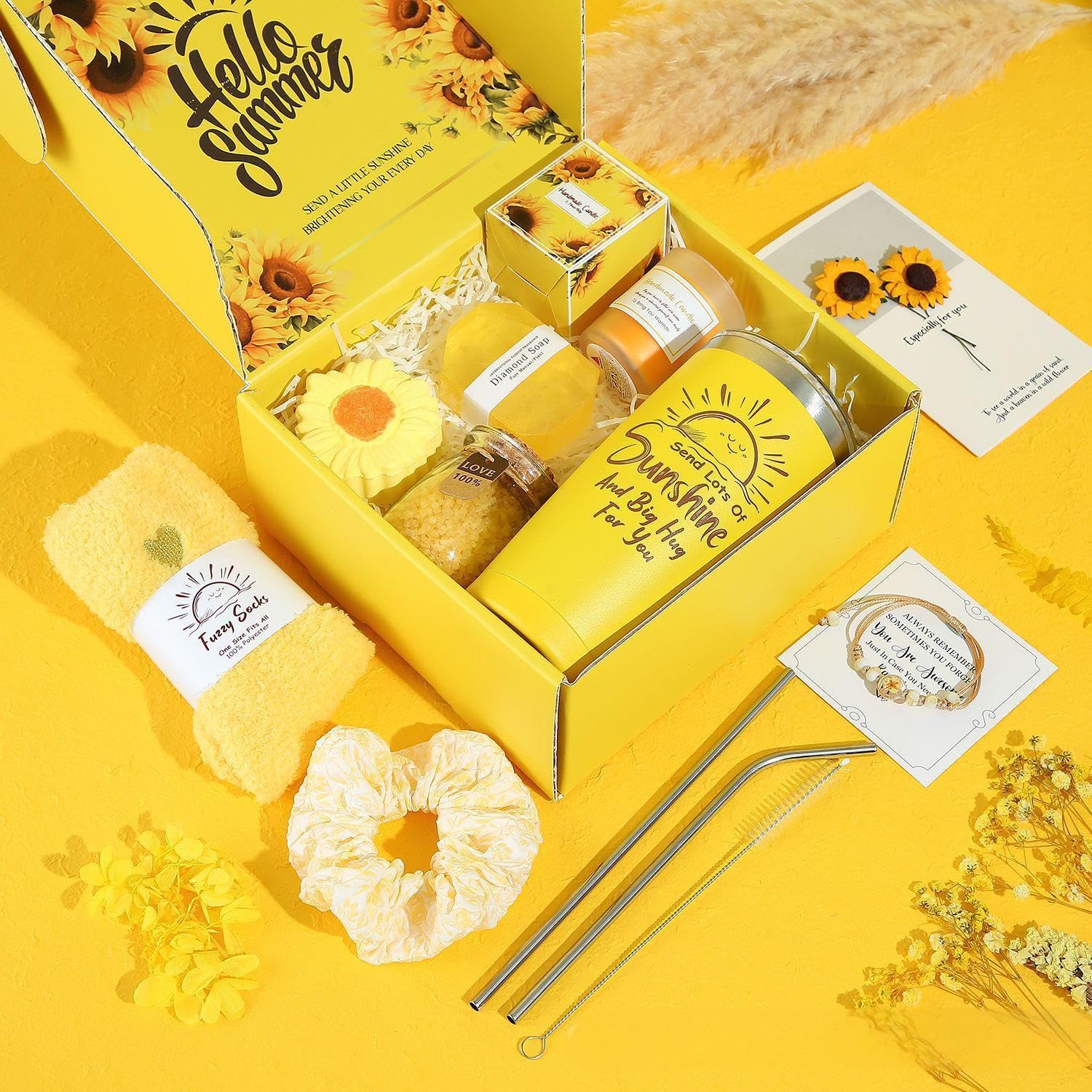 Regalos para mujeres, paquete de cuidado personal para mujeres, cestas de regalo de girasol de ganchillo para mujeres, cumpleaños, día de la madre, regalos únicos para enviar sol
