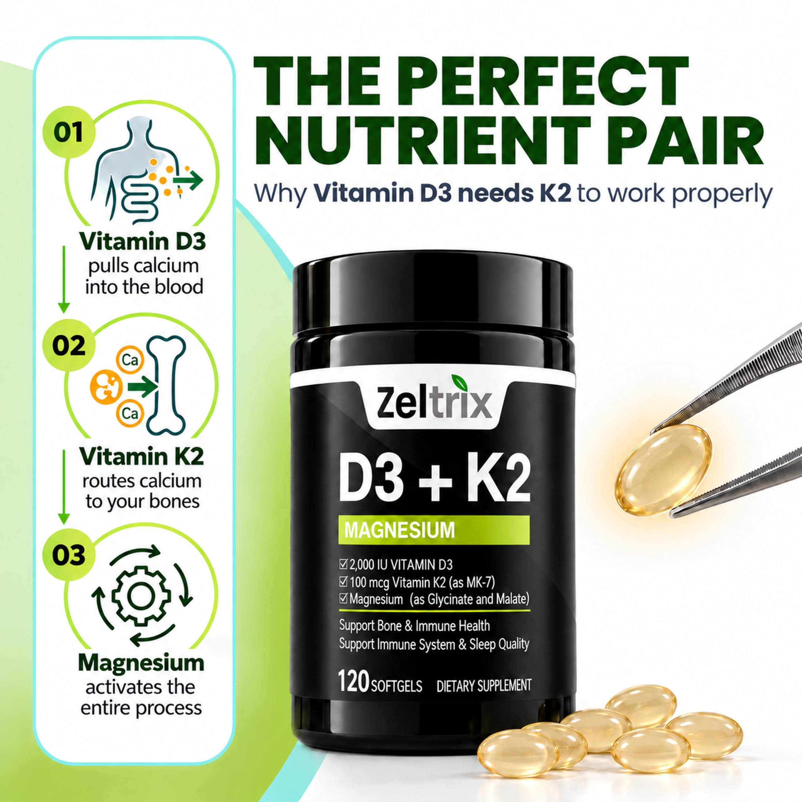 Vitamin D3 + K2 2000 IU MK-7 Magnesium Glycinate 120 Softgels Oil — Amazon image 3