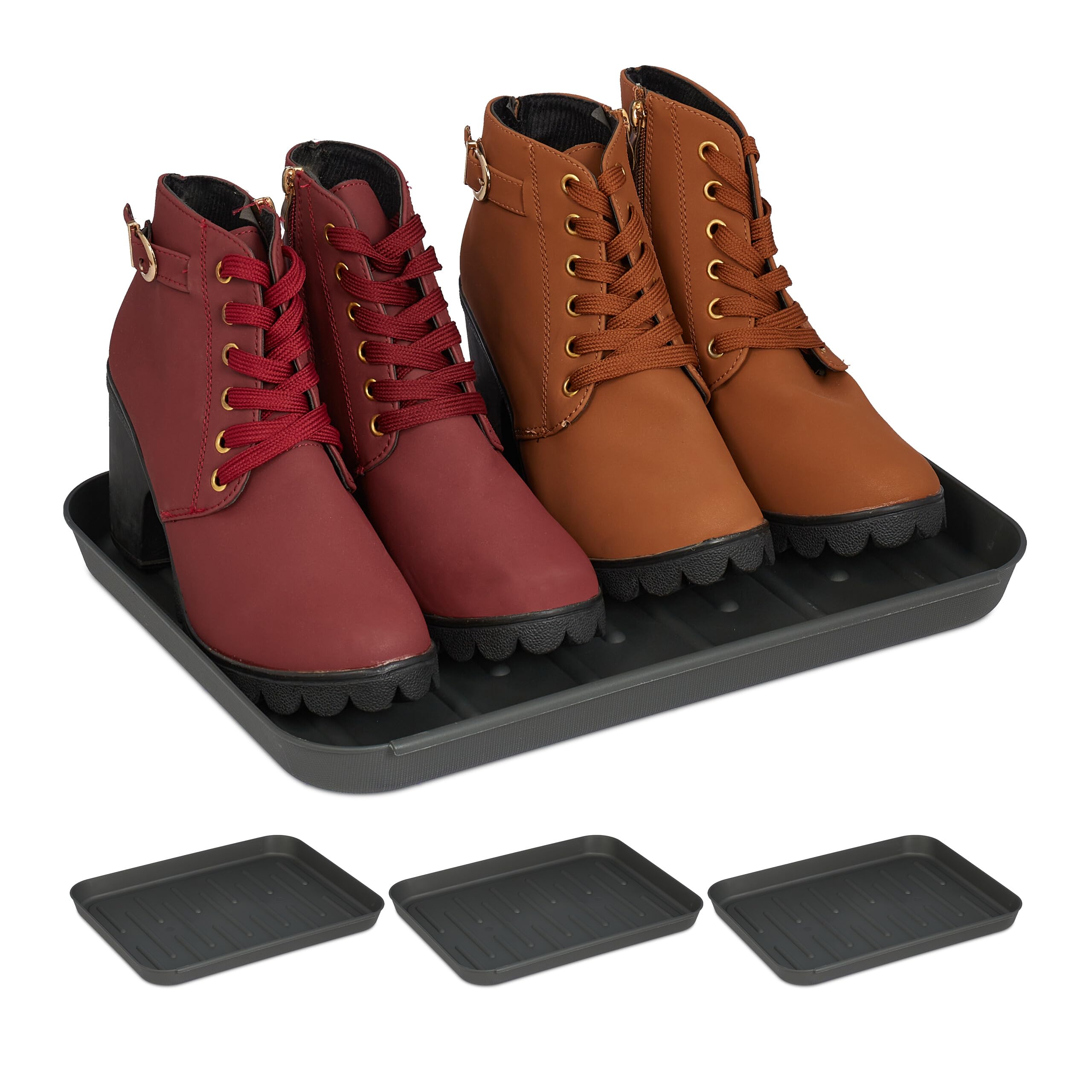 Relaxdays Set of 4 Shoe Tray, Hallway Storage for Muddy or Wet Boots, Wellies & Trainers, 3 x 27 x 35 cm, Plastic, Black
