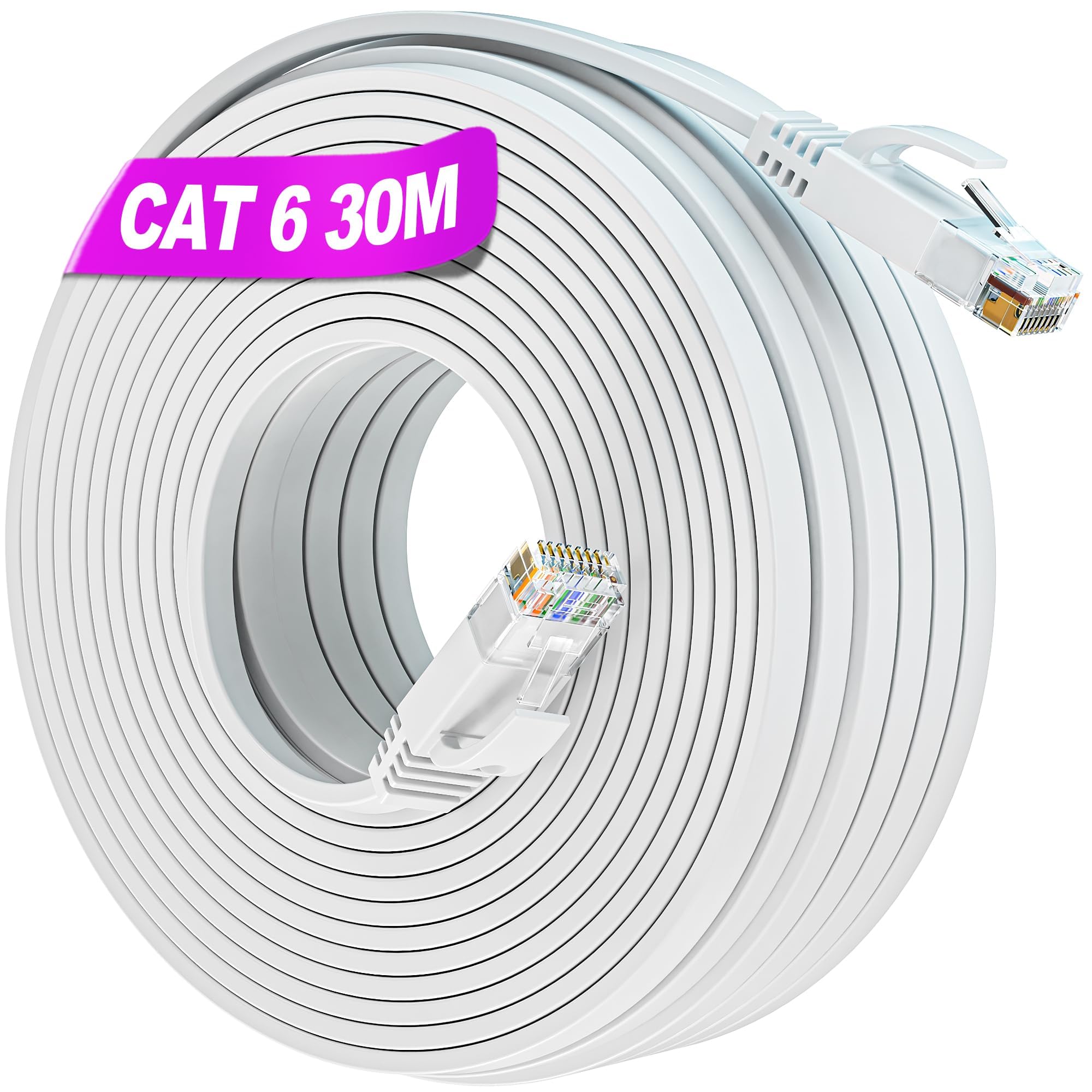 30m Ethernet Cable Cat 6, High Speed Internet Cable 30m Flat, Network Cable Long LAN Cable Indoor, Gigabit Patch Cable White RJ45 Cable 10/100/1000Mbit/s 250MHz Wlan Cable for Router Modem (30 Clips)