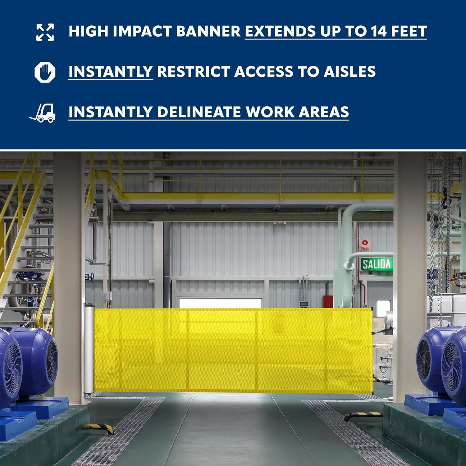 Mounted Safety Barrier for Closing Aisles, Minimizing Workplace Accidents, and Crowd Control – Fully Retractable, Durable, and Easy to Install (Up to 14 ft Coverage) - Mesh Yellow