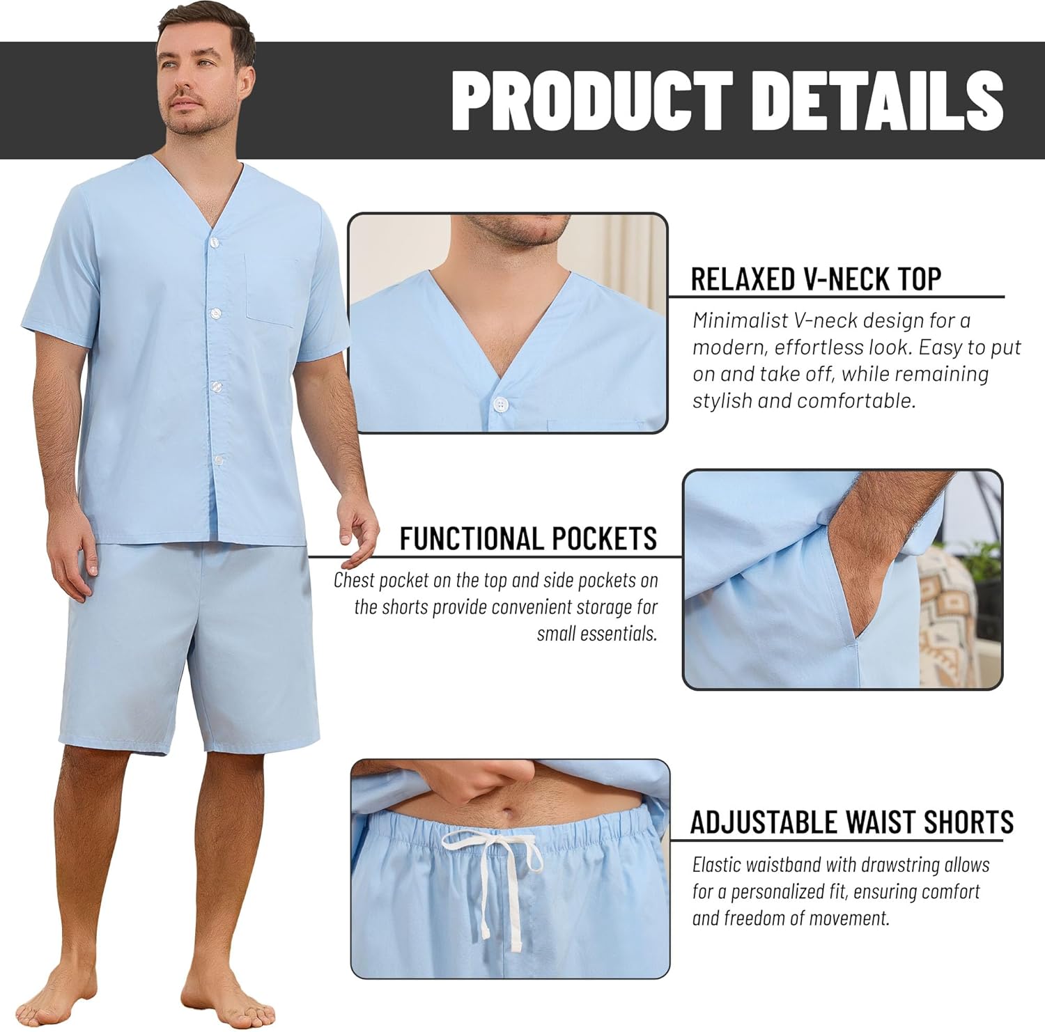 U2SKIIN Men's 100% Cotton Pajama Set Soft Breathable V Neck Button Down Short Sleeve Short with Pocket for Home Lounge Relax - Image 3