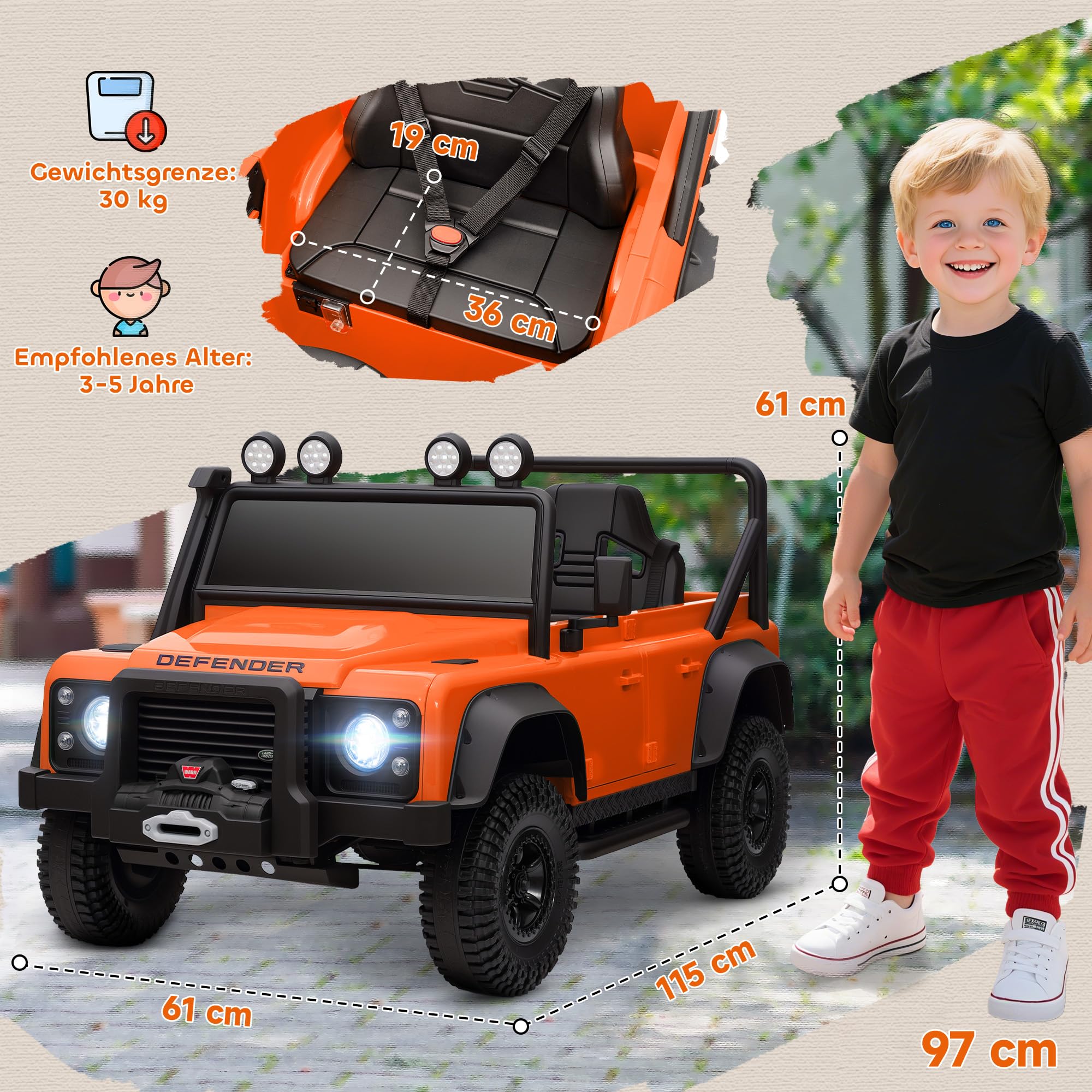 AIYAPLAY Kinder Elektroauto, Land Rover Defender 110 SVX 12V 7Ah Kinderauto mit Fernbedienung, 2 Motor, Kinderfahrzeug mit Softstart, Soft Stopp, 4 Stoßdämpfer, Hupe, MP3, Licht für 3-5 Jahre Orange