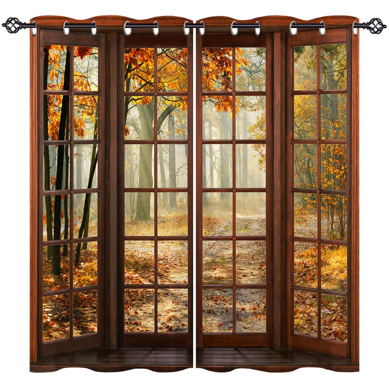 ANHOPE Autumn Curtains Eyelet Blackout Thermal Insulated Curtains Wooden Window Fall Forest Tree Print Pattern Soft Soundproof Privacy Window Drapes for Bedroom Living Room 46 x 54 Inch 2 Panels