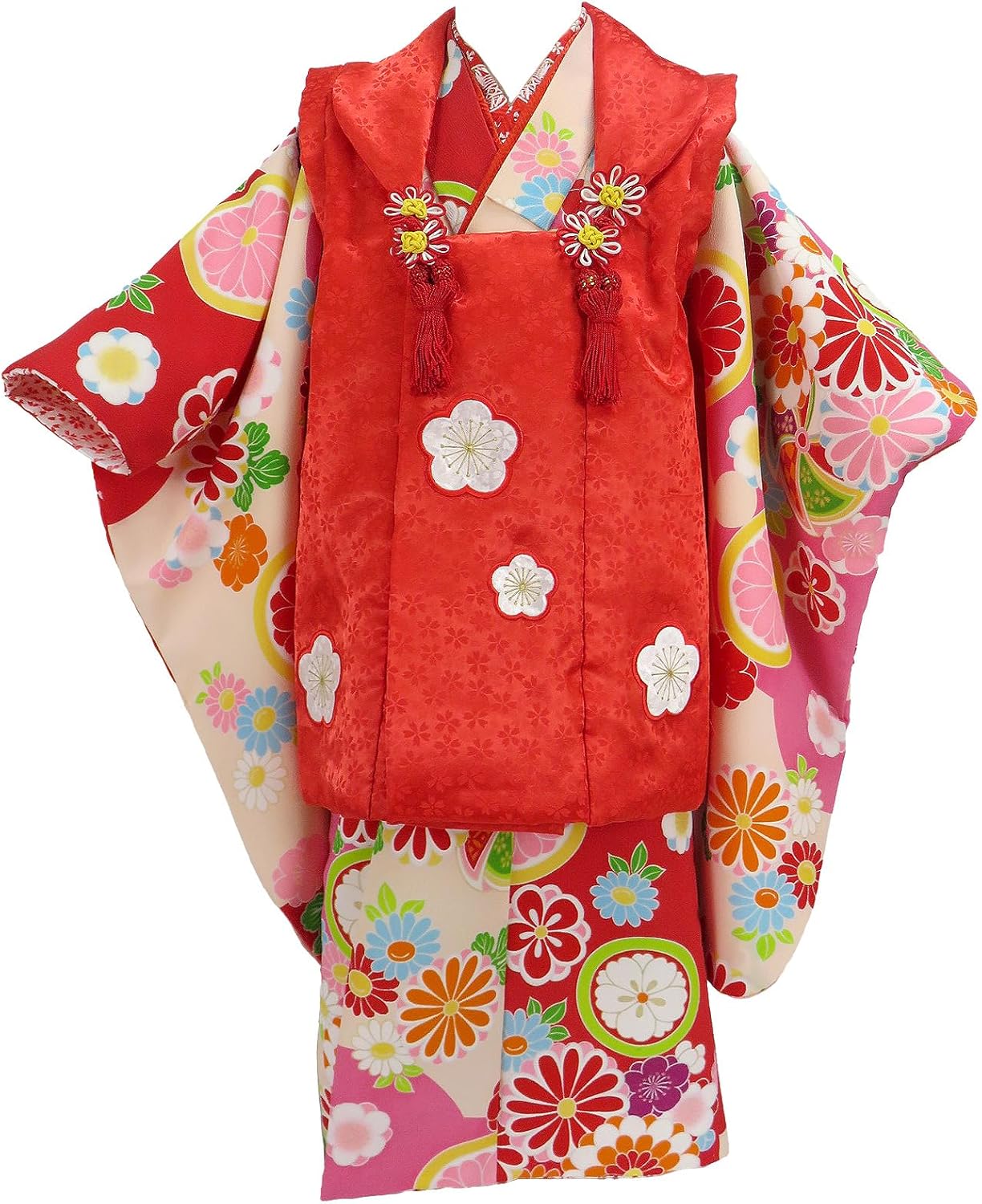 508ag78◎七五三 三歳 女の子 アンティーク着物&被布 レトロ 扇 赤