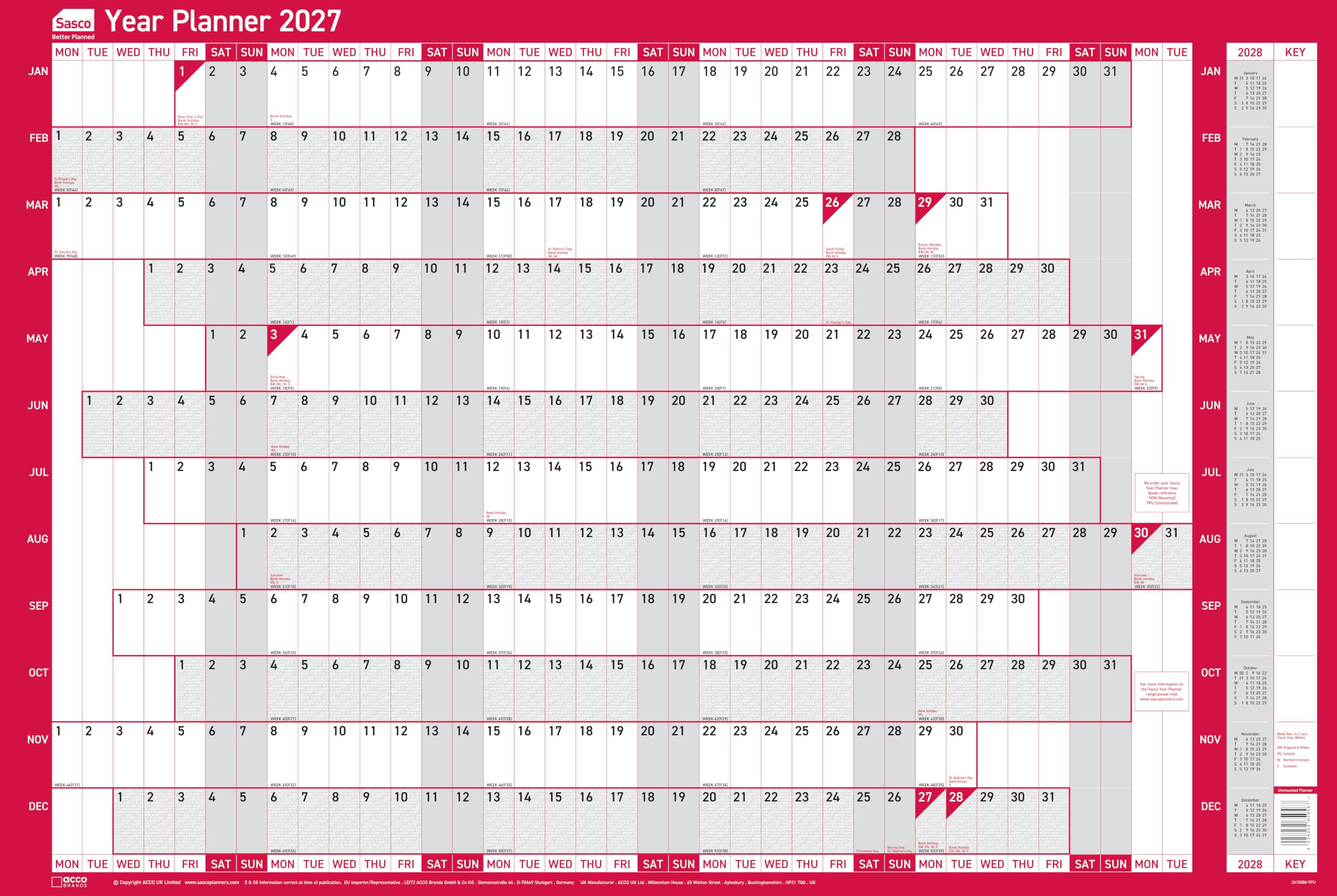 Sasco 2027 Original Year Wall Planner with wet wipe pen, pack of 378 stickers & Today sticker, Red, Poster Style, 915mmW x 610mmH